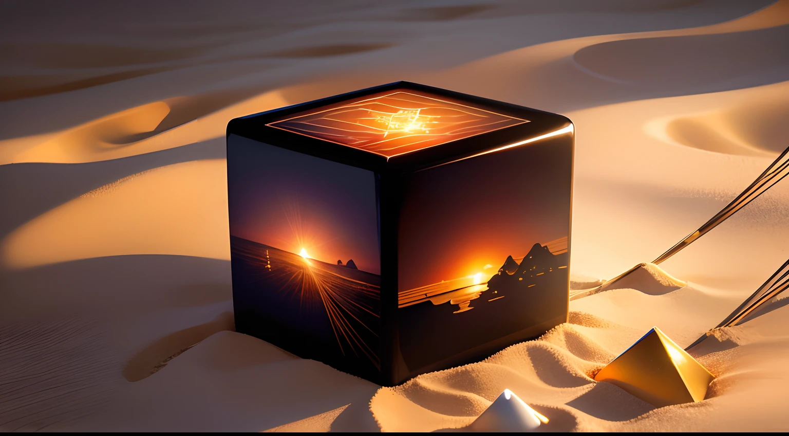 An award winning photo of shiny dazzling rays of light in all directions from a flat square rubic cube, the design is Japanese calligraphy art of sunset, pattern is jigsaw puzzles, bound with a gold string, beach background