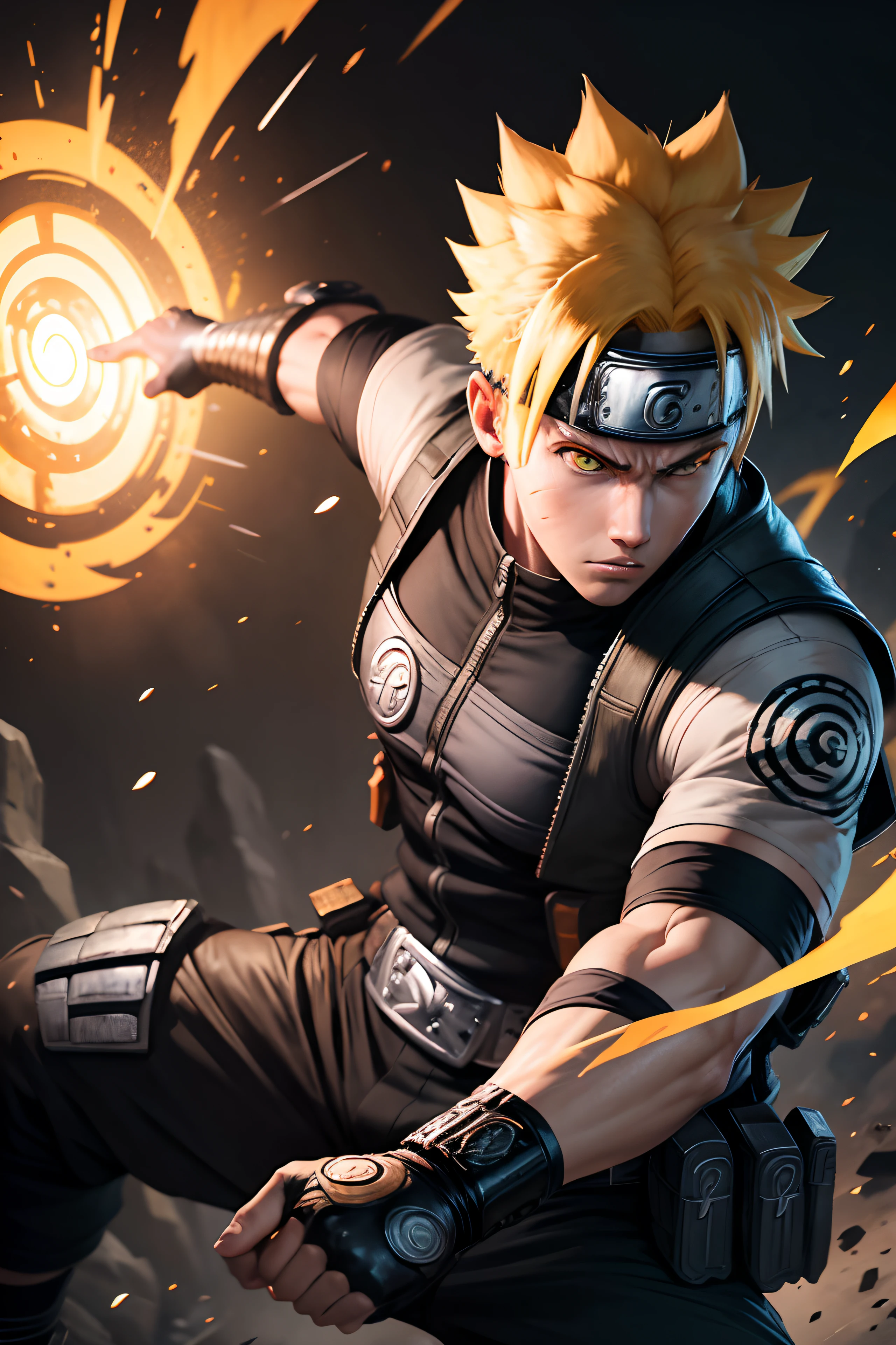 An incredibly detailed illustration of Naruto Uzumaki using his rasengan technique, Combat Position, incredible details, sombras perfeitas, Dynamic background, estilo de desenho hiper-realista.