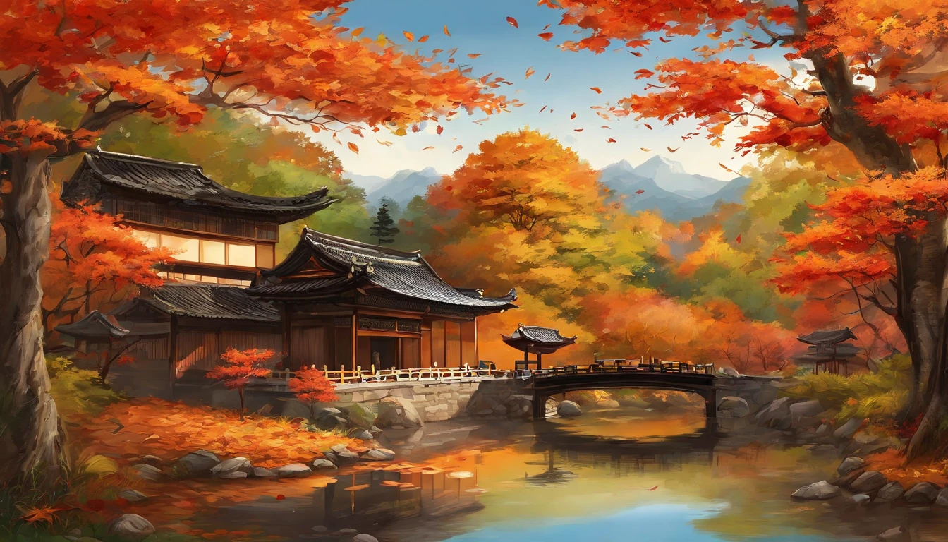 (((sunset:1.5, sunset light:1.3, moody light:1.3, cinematic light:1.3)))), An illustration of the scenery of the autumn leaves are depicted in a double layer due to the mirror reflection of Korin-in, Daitoku-ji Temple. at night, ultra-detailed, hyper-sharp, digital illustration, Place: Daitokuji Korin-in room Time: Autumn Subject: A specular reflection of autumn foliage The illustration depicts the specular reflection of autumn leaves on a table in the interior of Daitokuji Korin-in Temple. The table is in a room with a calm atmosphere like a tea room. The scenery of autumn leaves is clearly projected on the table. The scenery of autumn leaves is thought to have been seen from famous spots for autumn leaves such as the Sanmon Gate and Hojo in the precincts of Daitokuji Temple. The autumn leaves are dyed in various colors such as red, yellow, and orange, creating an atmosphere of autumn. (((In the illustration, the autumn leaves are depicted in a double layer due to the mirror reflection: 1.5))), which further emphasizes the beauty of the autumn leaves. In addition, the mirror reflection connects the interior and the landscape of the precincts, giving a sense of the depth of the space. Fittings such as shoji and fusuma in the room light from window Vividly expressing the colors of autumn leaves Emphasizing the beauty of autumn leaves by mirror reflection Expressing a space where the interior and the scenery of the precincts are connected