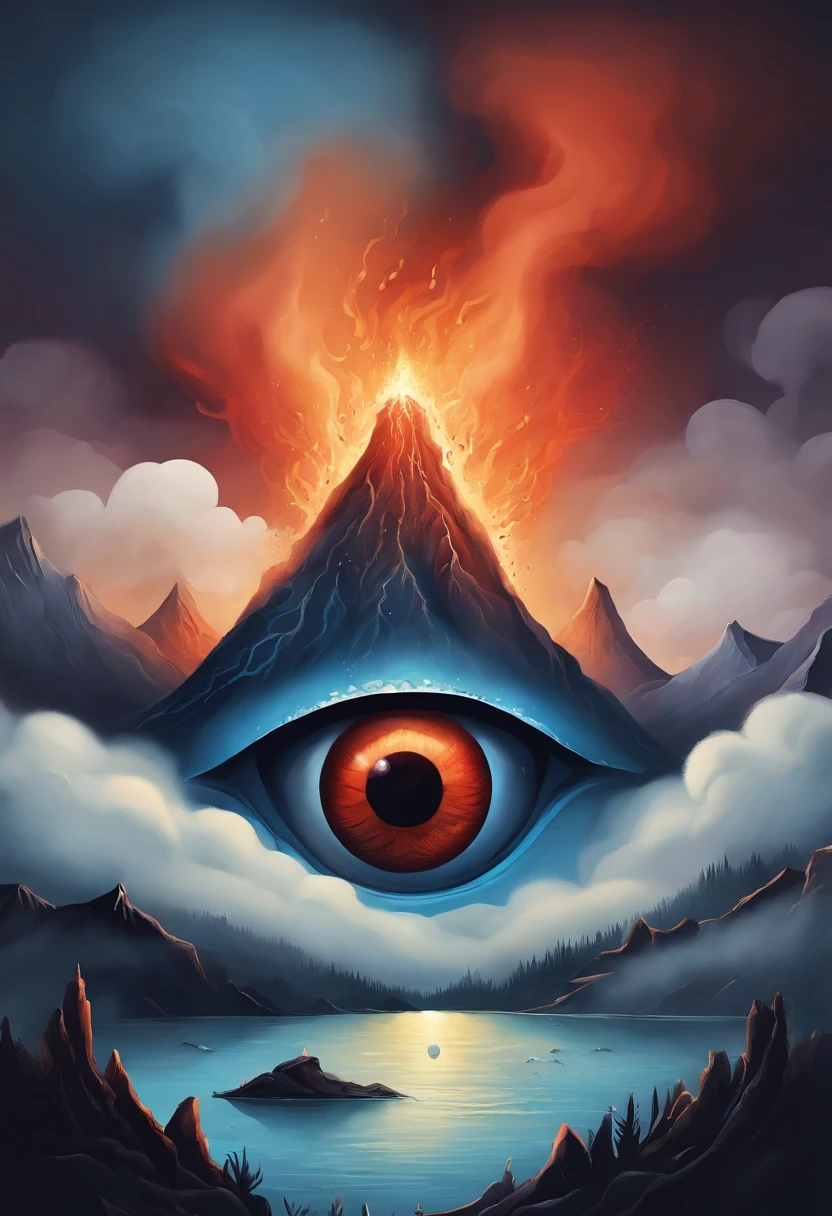 Eyes in volcanic smoke, a volcano erupts,The eyes are on it, Shades of blue, digital art inspired by Cyril Rolando, ultra-realistic realism, Portrait of a giant eye in volcanic smoke, mystic eye, There was a cloud of smoke in one eye, ultra-realistic realism