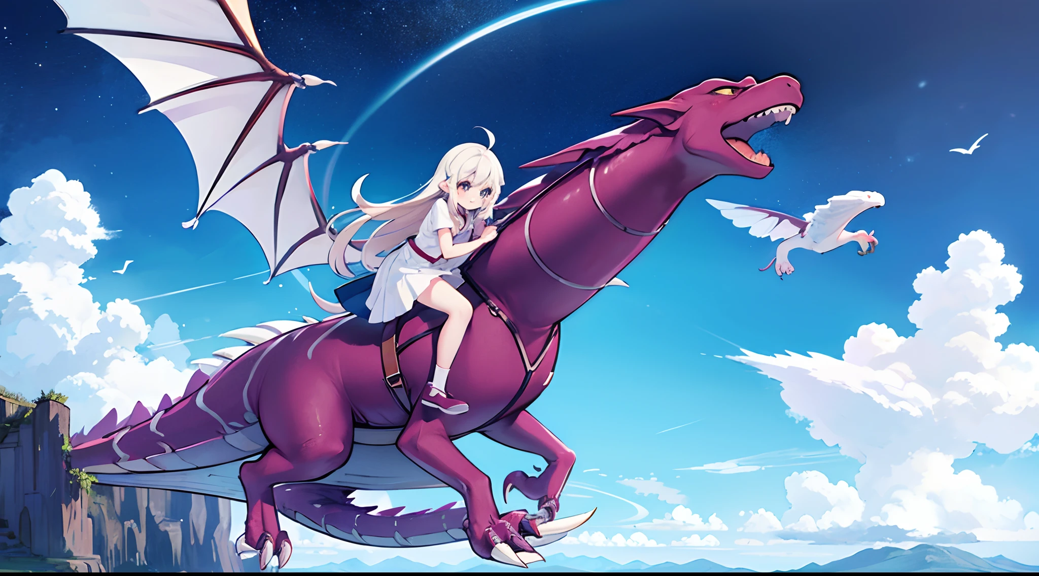 Girl flying in the sky astride a large dragon、Reins、huge smile、Physique of about 、bontage