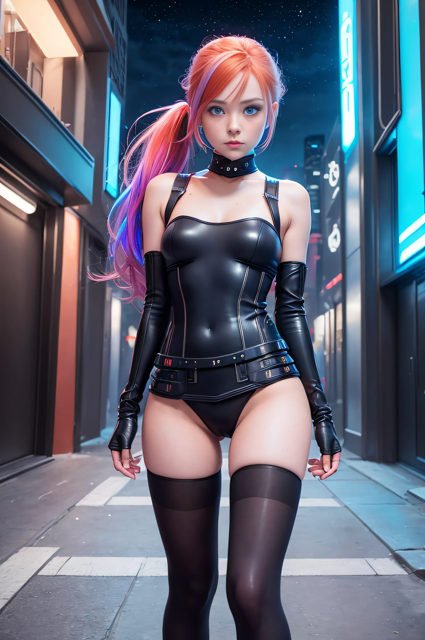 1 girl, solo, (nsfw), cute redhead 18-year-old girl in twin tails, ((perfect female body)), (cute face make up), multiple (rainbow colored hair: 1.2), (beautiful detailed blue eyes: 1.6), (photo realistic eyes: 1.6), happy, Ukrainian, (petite body), ((small hips)), pale white skin, (mini skirt and tube top), (matte pantyhose: 1.6), (("TRON LEGACY futuristic city" style background)), (night time:1.2), photo realistic.