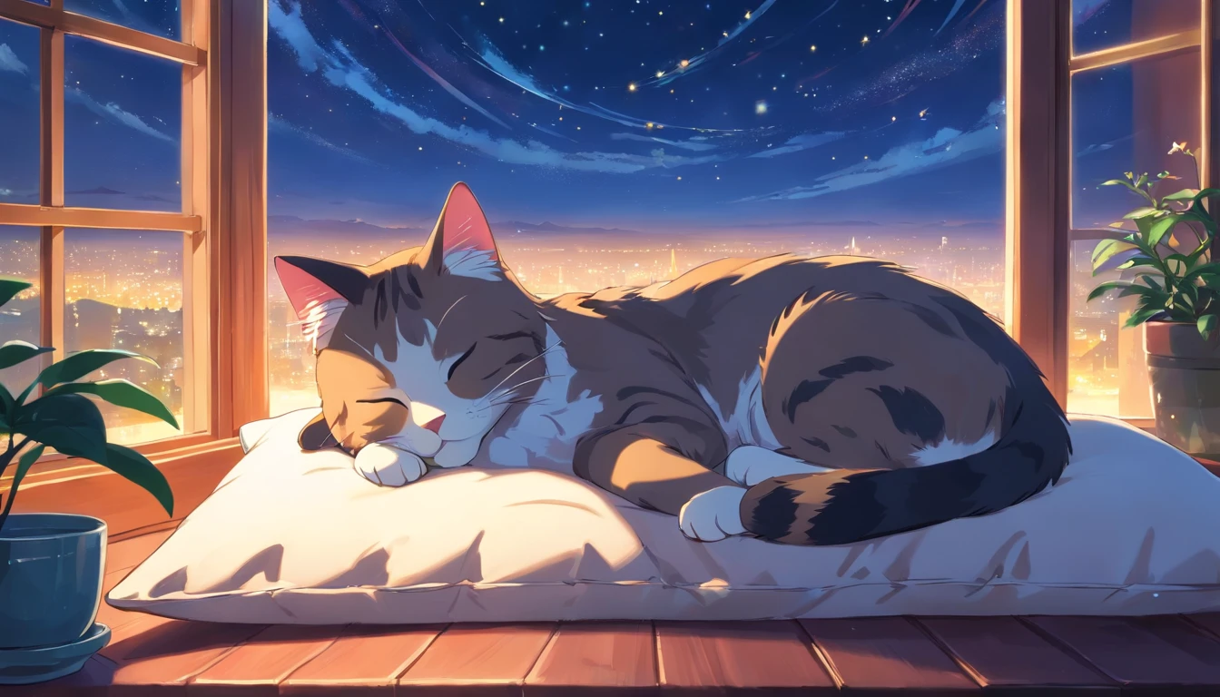 cat cute sleeping on a pillow ,window with beautiful landscape, night sky, star, moon.