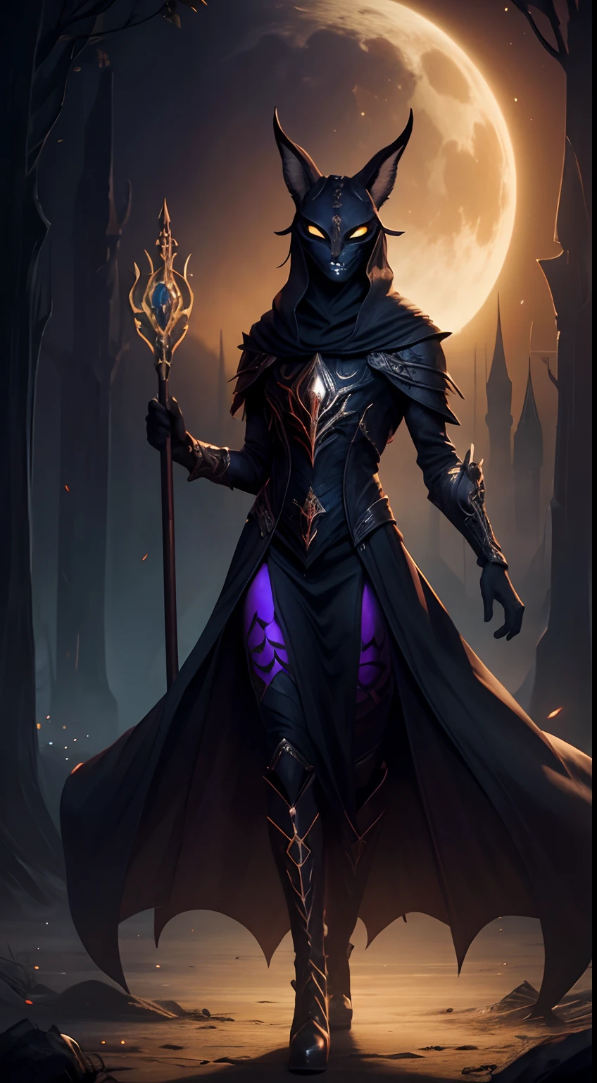 caracal mask creature, necromancer style, magic wand, full body, soul lake background, dark fantasy colors area, masterpiece, ultra high quality, ultra face detail