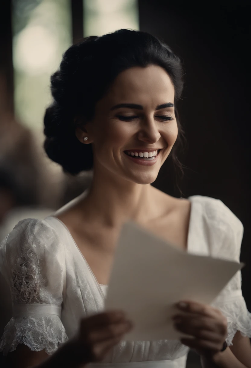 A women with black hair with haired tied up wearing white dress, cinematic, holding a letter in her and laughing