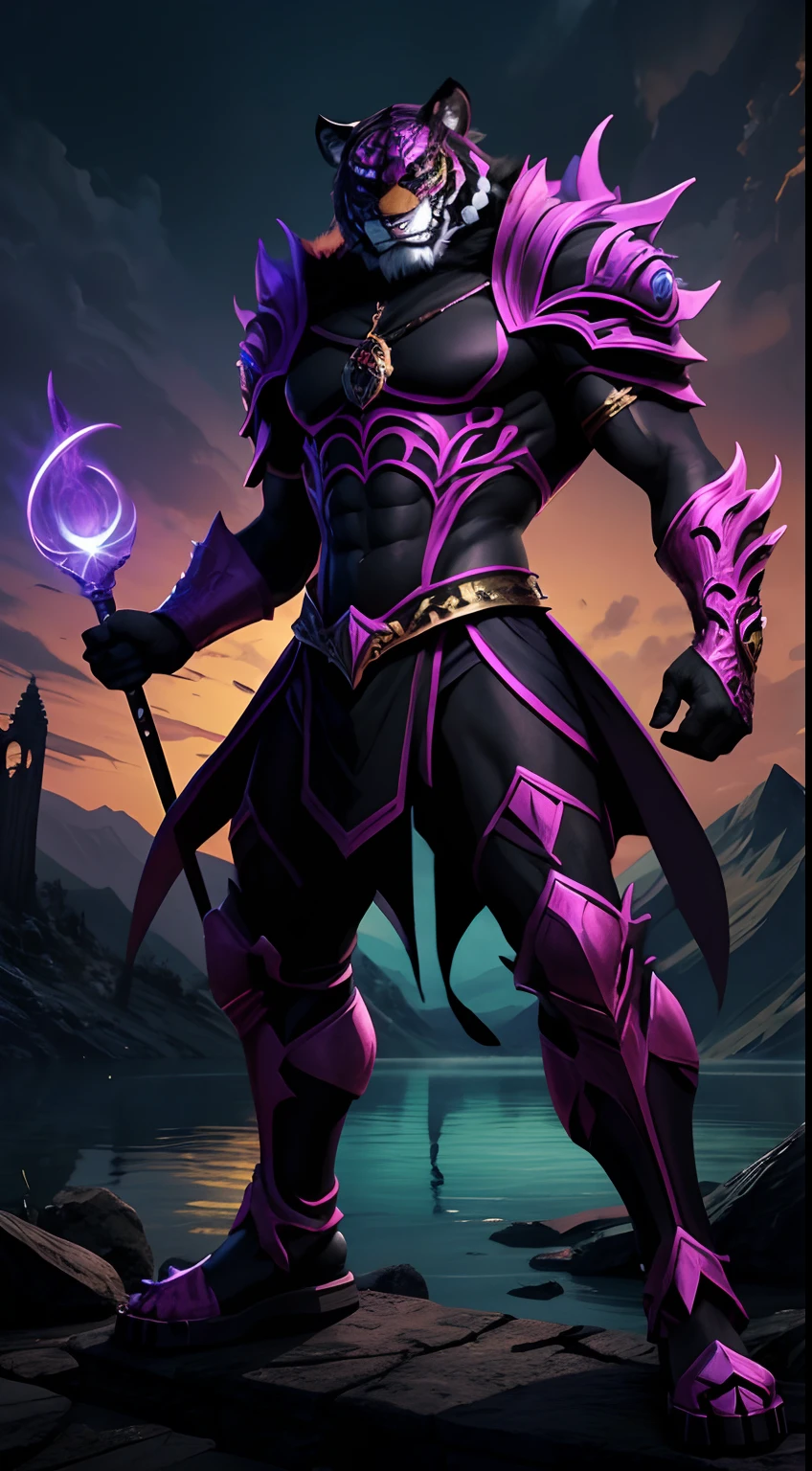 tiger mask creature, necromancer style, magic wand, full body, soul lake background, dark fantasy colors area, masterpiece, ultra high quality, ultra face detail