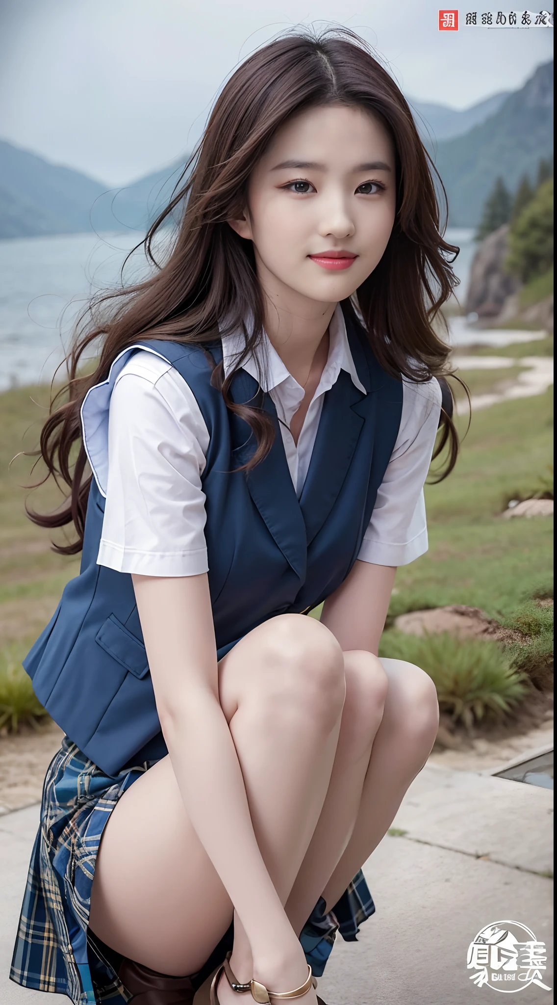 NSFW, 8K Raw photograph, top-quality, tmasterpiece, 超A high resolution, Film grains, filmg, 1girll, looking at viewert, Natural Skin Textures, Realistic Eyes and Face Details, full pouty lips, lipsticks, (Makeup), Red eye shadow, Long hair with fluffy waves, hair messy, A smile, Keep one's mouth shut, Beautiful legs, Tall lady, skiny, Slim_Legs, 独奏, huge-breasted, nedium breasts, Posture facing forward, Superskirt, vests, Beautiful coast, (细致背景), plaid skirts, White bold chestVThe vest is cut into letters, huge-breasted,Visible in dew, nedium breasts, Twitching on the fabric of the vest, no-bra, low tune, blurred back, bblurry, ngel, tartan, A brown-haired, bangle, By bangs, Uniform skirt, jewely, cparted lips, Carnal lips, From the front side,Depth-of-fie