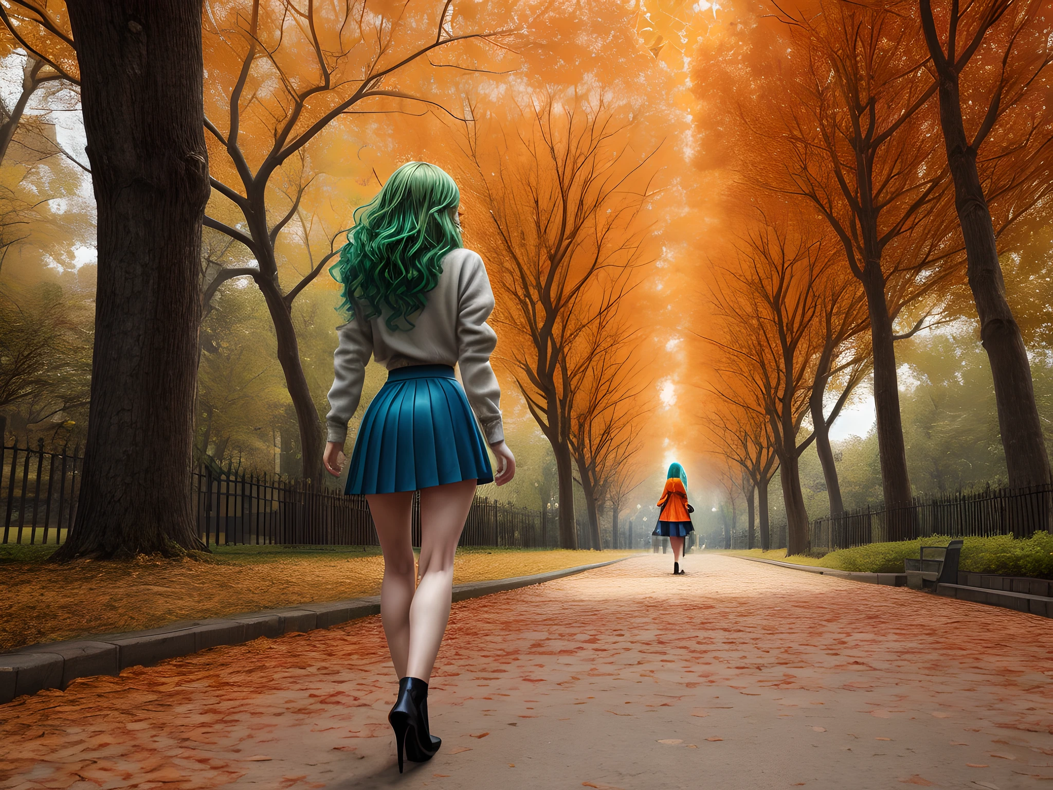 a model shot of woman walking in the park at autumn, a young woman, wearing a (short blue skirt: 1.1), (green hair: 1.1), long hair, wavy hair, high heels, strolling in the park at autumn, a shot from the rear, she is leaving, no looking back, there are leaves on the road, many leaves in red, orange and brow, full spectrum, vibrant colors, urban park at autumn background, trees with orange, red, yellow leaves, a sense of departure, glamours shot, best quality, 16k, RAW, award winning, [ultra detailed], masterpiece, best quality, (ultra detailed), full body, ultra wide shot, photorealistic, 3D rendering
