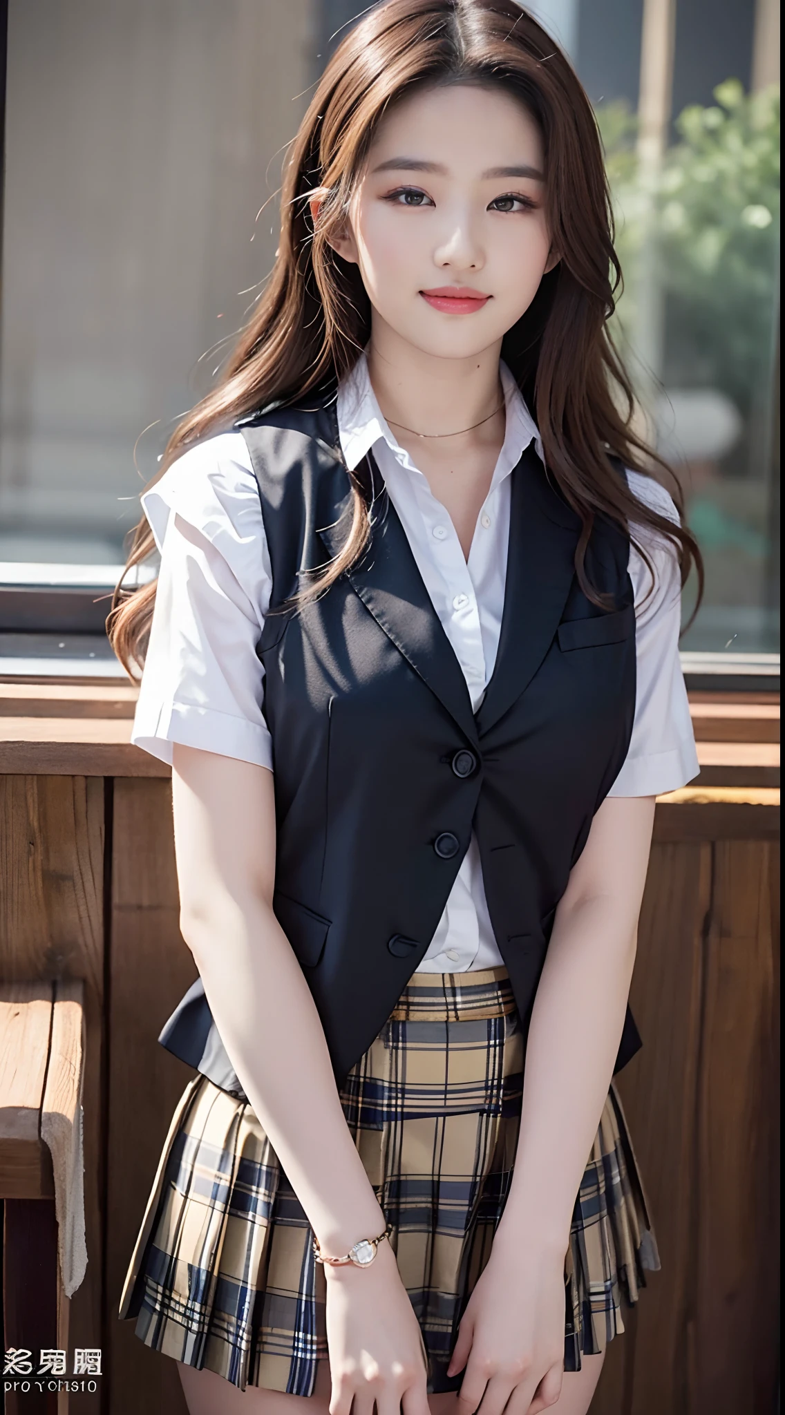 NSFW, 8K Raw photograph, top-quality, tmasterpiece, 超A high resolution, Film grains, filmg, 1girll, looking at viewert, Natural Skin Textures, Realistic Eyes and Face Details, full pouty lips, lipsticks, (Makeup), Red eye shadow, Long hair with fluffy waves, hair messy, A smile, Keep one's mouth shut, Beautiful legs, Tall lady, skiny, Slim_Legs, 独奏, huge-breasted, nedium breasts, Posture facing forward, Superskirt, vests, Beautiful coast, (细致背景), plaid skirts, White bold chestVThe vest is cut into letters, huge-breasted,Visible in dew, nedium breasts, Twitching on the fabric of the vest, no-bra, low tune, blurred back, bblurry, ngel, tartan, A brown-haired, bangle, By bangs, Uniform skirt, jewely, cparted lips, Carnal lips, From the front side,Depth-of-fie