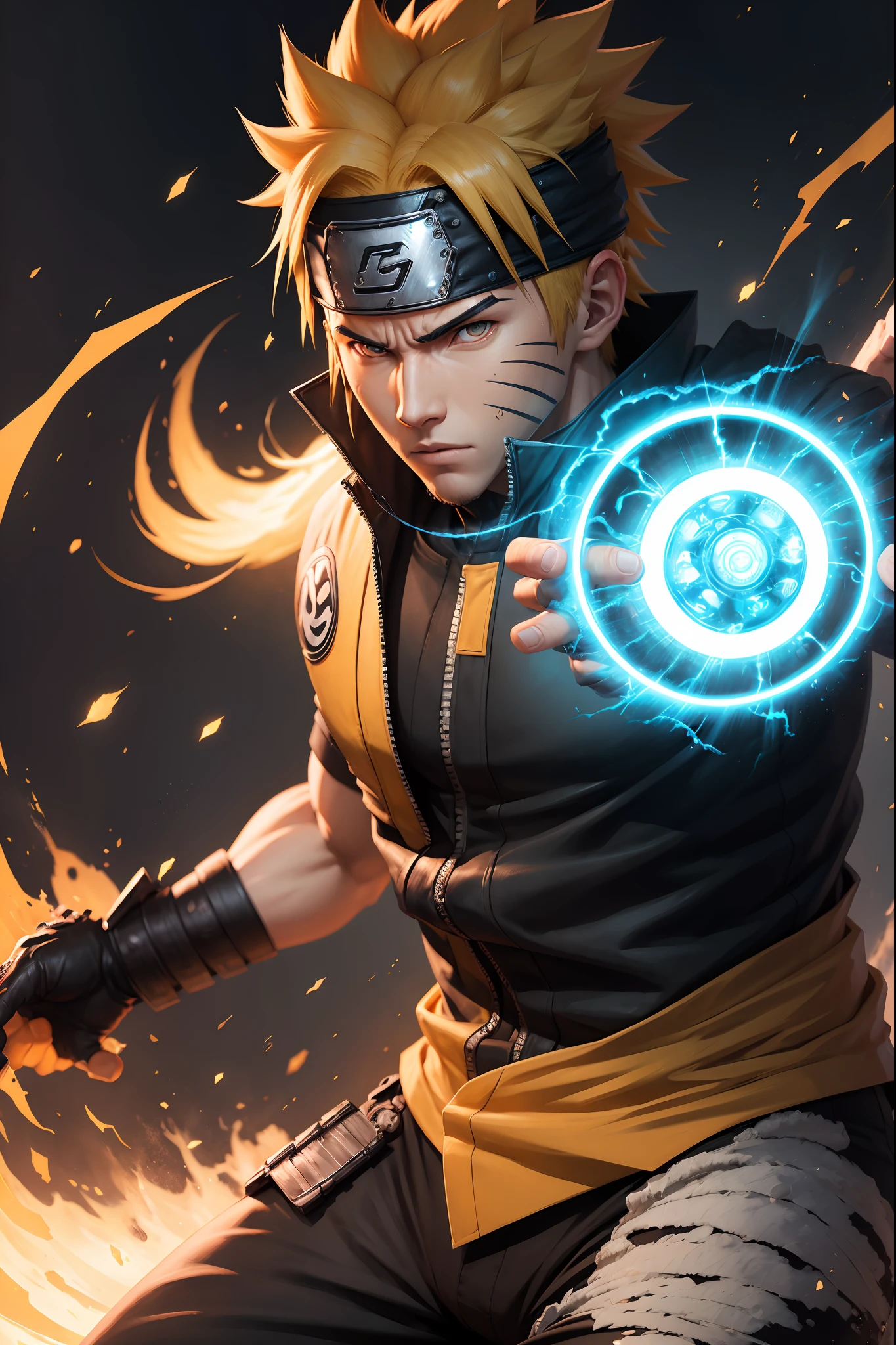 An incredibly detailed illustration of Naruto Uzumaki using his rasengan technique, Combat Position, incredible details, sombras perfeitas, Dynamic background, estilo de desenho hiper-realista.