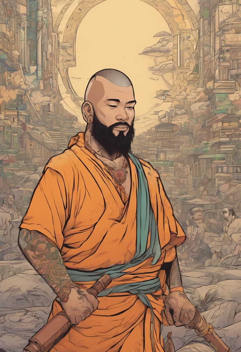 A 30-year-old Buddhist monk with a beardl with a scar on his left eye and tattooed arms in a post-apocalyptic universe