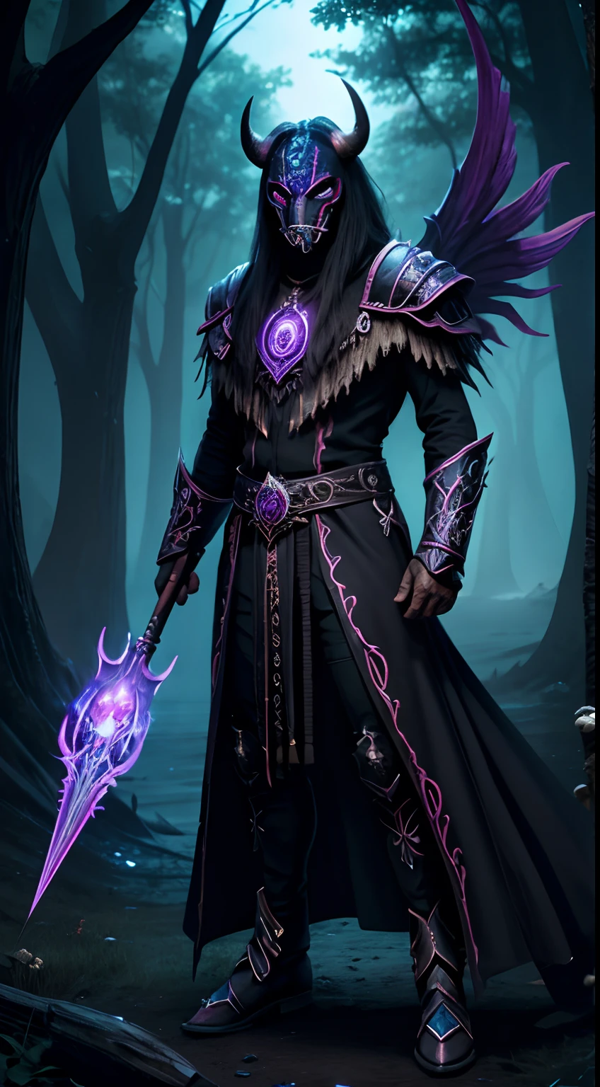 buffalo mask creature, necromancer style, magic wand, full body, soul lake background, dark fantasy colors area, masterpiece, ultra high quality, ultra face detail