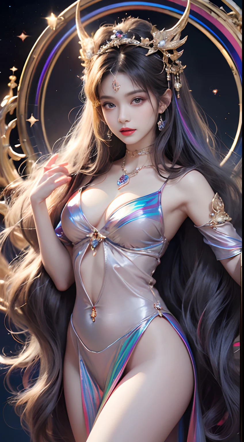 1 27-year-old girl, 1 zodiac goddess from the future, 12 zodiac goddess pink purple, 12 zodiac goddess face sexy thin yellow nightgown, long thin nightgown 12 zodiac many limbs sexy black lace detail, mythical goddess of the 12 zodiacs from the future, zodiac ♏, luxurious glittering zodiac style, dark and mysterious version, zodiac crown, lipstick red lips, thin and pretty lips, don't smile, Keep your mouth shut, characters created by karol bak and pino daeni, intricate detailes, Detailed background, Extremely detailed, light magic, femele, Clear face, looking at the upper body of the goddess of the zodiac, Round breasts, Big and round breasts, phoenix hair brooch, Long hair with bangs, (Long hair has 7 colors like a rainbow:1.9), beautiful detailed face and well-proportioned eyes, (transparent yellow eyes: 1.8), big round eyes and very beautiful and detailed makeup, visionary, long silk nightgown, mysterious makeup, Bracelets, side bangs and dye pale yellow, Upper body, (zodiac goddess upper body: 1.8), drooping arms, Real and vivid photo, (stars that make up the zodiac: 1.7), ( the zodiac in the sky and the fictitious space and time portals: 1.8), fiction art, Raw photo, hanfu photo, Best Photo , high_res, Best Quality, Best Photo, The 8k quality, Ultra in 8K , surrealism, the most economical real photo, artistic portrait of 12 zodiac signs, 1 symbol of 12 zodiac signs behind, single portrait of 12 zodiac goddess, Most realistic color scheme, best photo color, masutepiece, Hair Ornament, Necklace, Jewelry, Beautiful face, Upper body, Tindall Effect, photographrealistic, Dark Studio, border light, two tone light, (Detailed skin) high: 1.2), 8K UHD, Digital SLR, Soft light, High quality, Volumetric Lights, Candid, Photo, High resolution, 4k画质, 8K, Bokeh, Smooth and sharp, pixel up 10 times, Charming zodiac goddess, sexy zodiac goddess, (background space: 1.8), (Galaxy: 1.7), Aurora, Lightning, (Aurora Background: 1.8) <Lola:locon_perfecteyes_v1_from a_v1_, beautiful