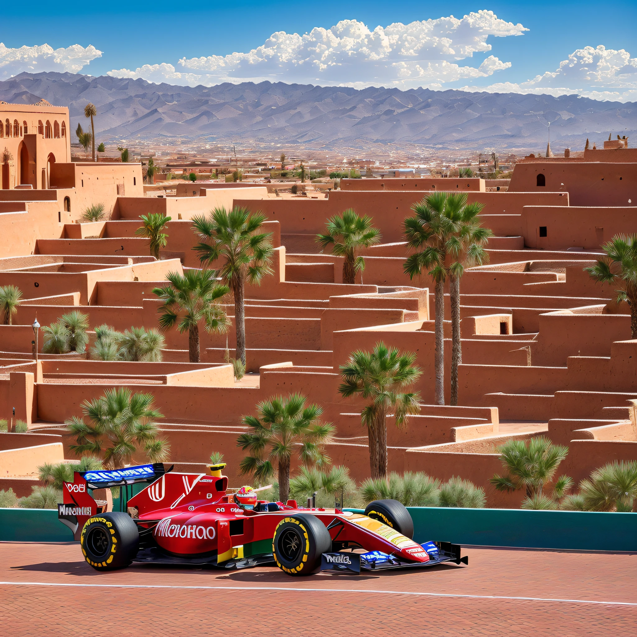(best quality:1.33), (masterpiece:1.42),(photorealistic:1.3) (detailed:1.15), (Moroccan F1 racecar), stunning Marrakech background, red and green