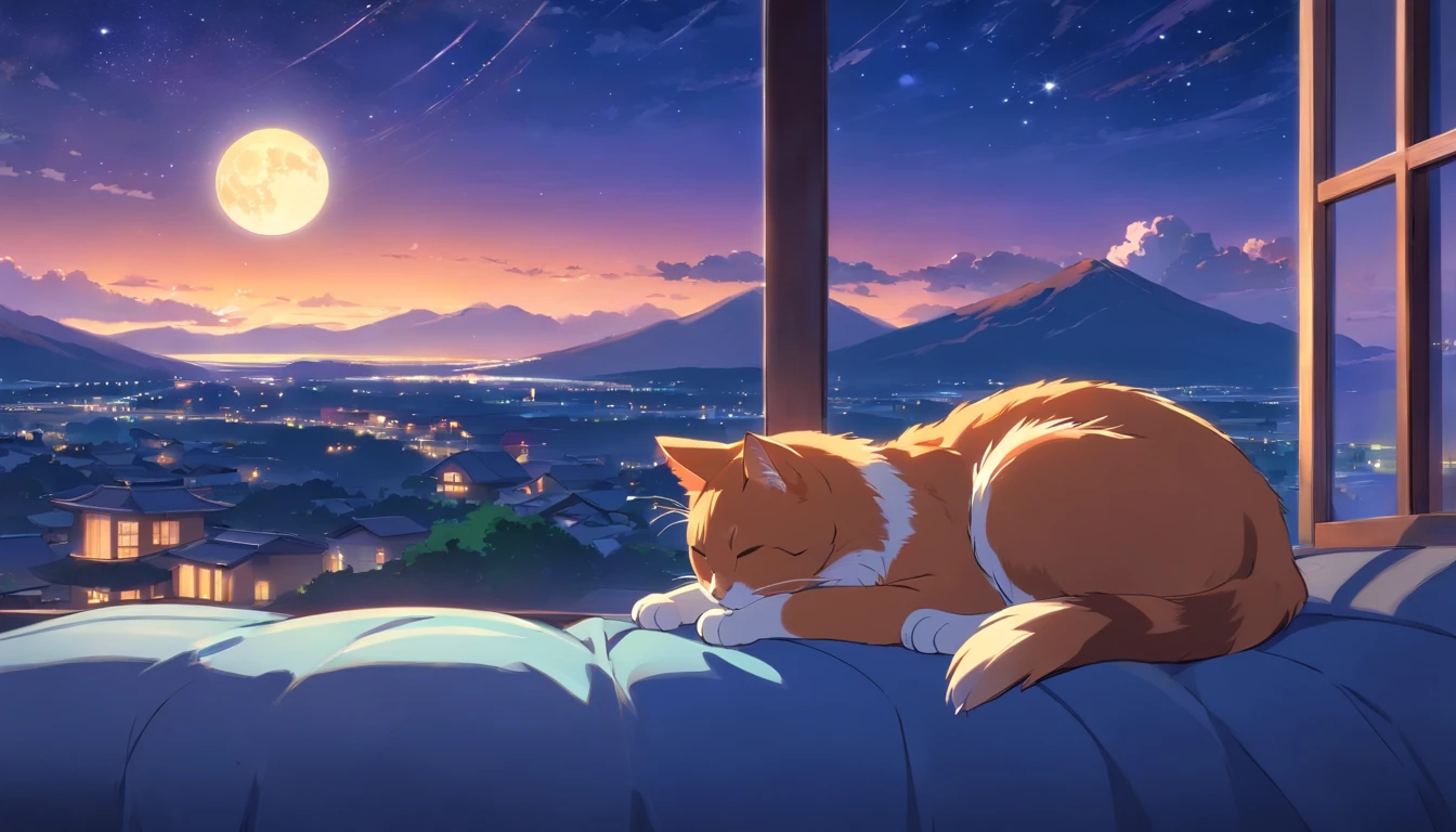 cat cute sleeping on a pillow ,window with beautiful landscape, night sky, star, full moon.
