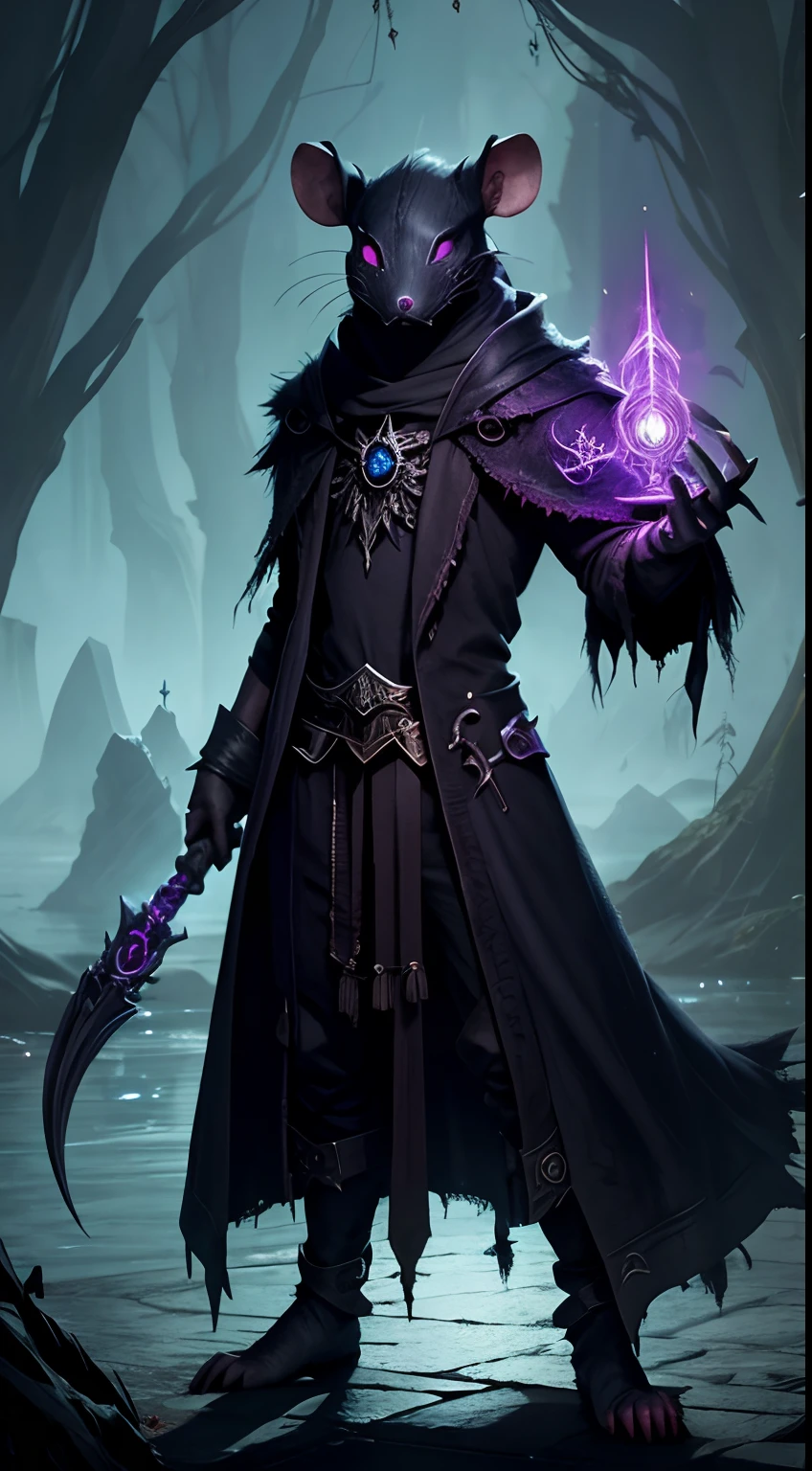 rat mask creature, necromancer style, magic wand, full body, soul lake background, dark fantasy colors area, masterpiece, ultra high quality, ultra face detail