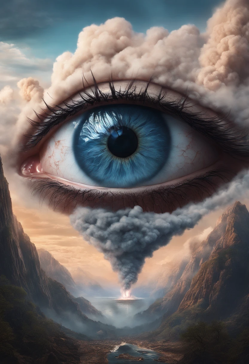 Eyes in volcanic smoke, a volcano erupts,The eyes are on it, Shades of blue, digital art inspired by Cyril Rolando, ultra-realistic realism, Portrait of a giant eye in volcanic smoke, mystic eye, There was a cloud of smoke in one eye, ultra-realistic realism