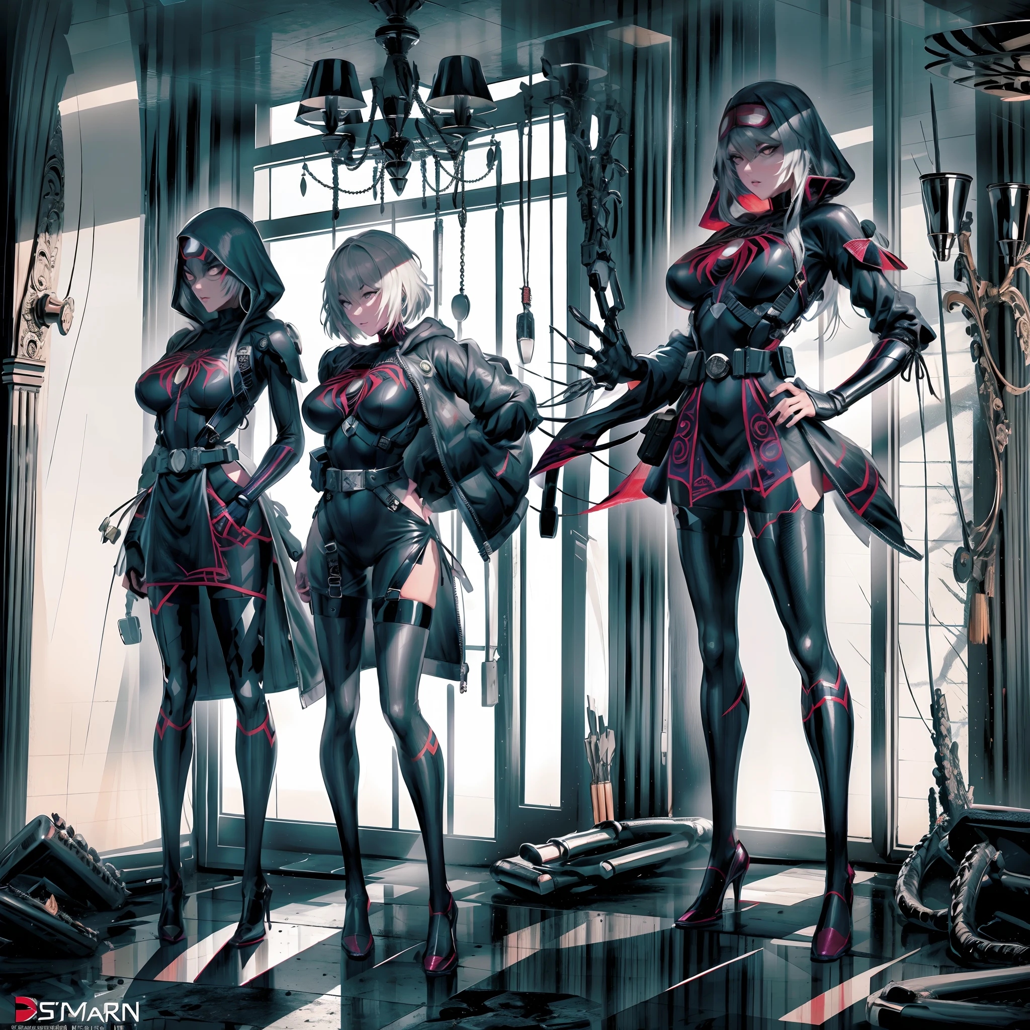 ((Dress a sexier and revealing black Spider-Man)), Large breasts,(Explosion in ruined city background), High detail, Sharp focus, Dramatic, ((Photorealistic))
