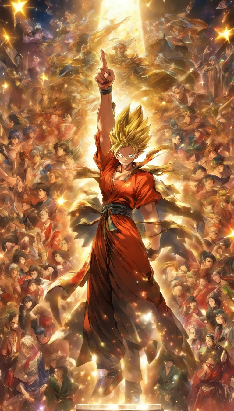 An arrogant man standing on a high podium, pointing forward with a contemptuous smile on his face, surrounded by stunned people, ,in the style of the stars art group xing xing, 32k, best quality, masterpiece, super detail, high details