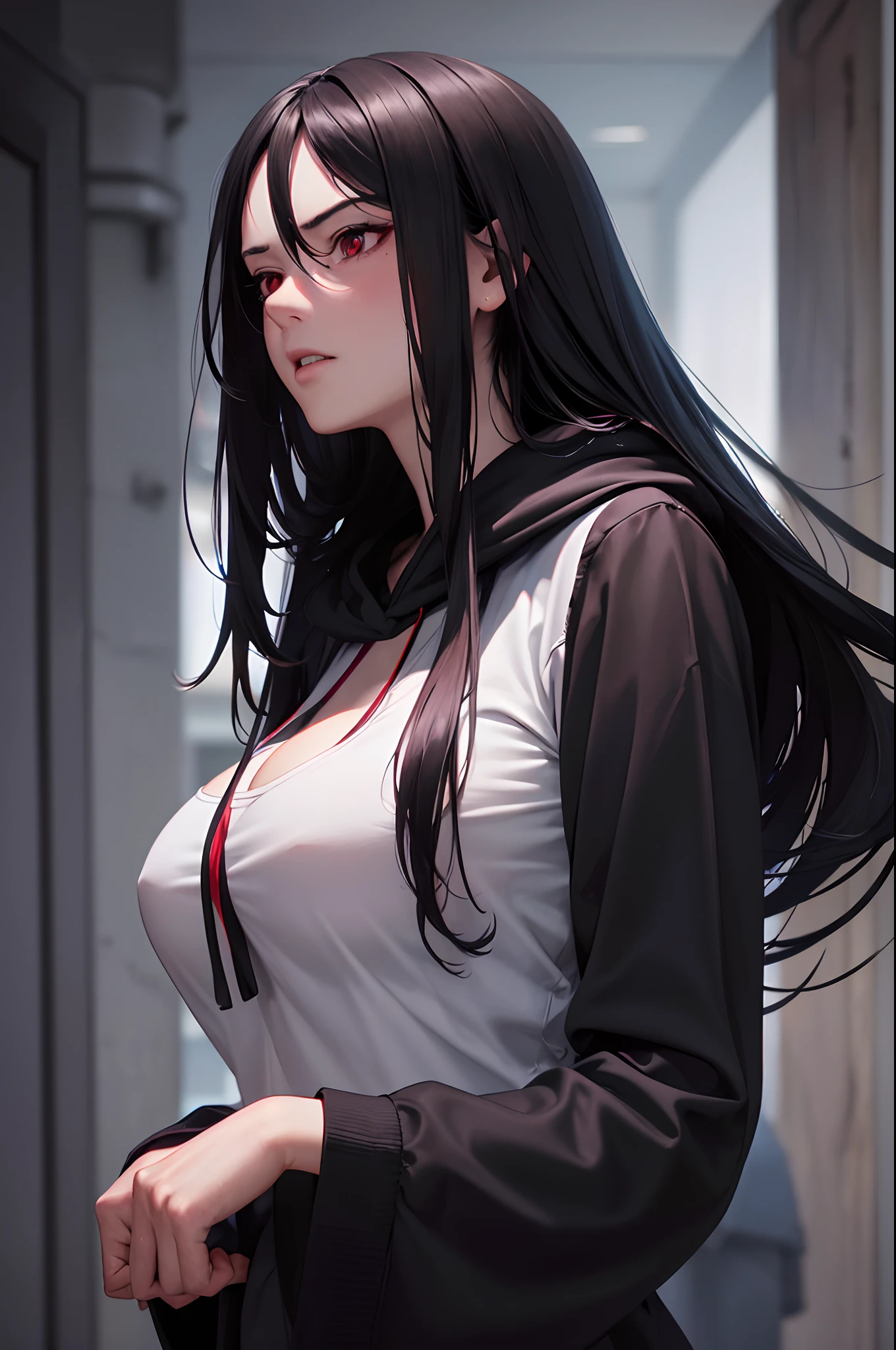 (best quality,realistic:1.37,highres:1.2),ultra-detailed,portrait,black long hair,intense red eyes,dissatisfied expression,big breasts,black hoodie,black pants,dark atmosphere,mystery,dark lighting