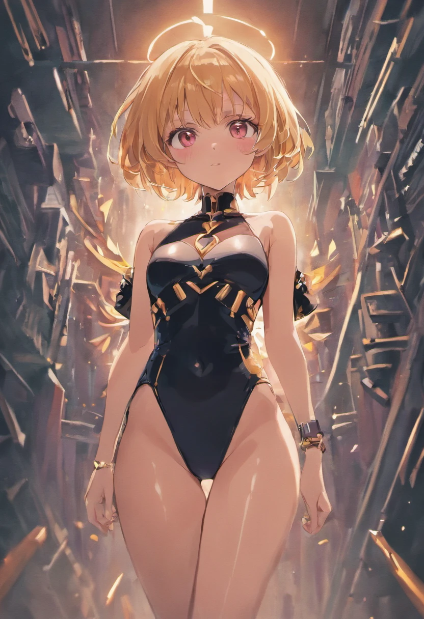 (((masterpiece))),((ultra-detailed)),(extremely detailed CG unity 8k wallpaper),high resolution, (extremely detailed illustration), 1girl, black choker, jacket, bobcut, looking at viewer, open jacket, off shoulder, bare shoulders, bangs covering right eye, black sports bra, stomach, stockings, hairband, open clothes, black jacket, short hair, cleavage, collarbone, midriff, fullbody, blush, standing, thighs, heart shaped eyes,