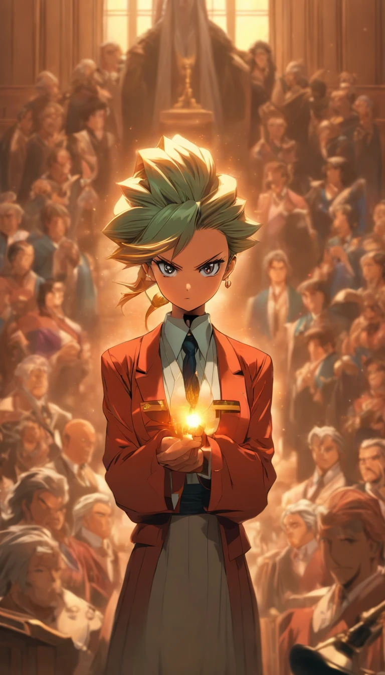A determined and resolute female character standing in a courtroom, holding a gavel with a serious expression, surrounded by judges and jury members with different expressions, ,in the style of the stars art group xing xing, 32k, best quality, masterpiece, super detail, high details