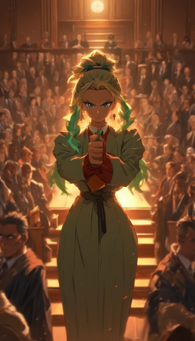A determined and resolute female character standing in a courtroom, holding a gavel with a serious expression, surrounded by judges and jury members with different expressions, ,in the style of the stars art group xing xing, 32k, best quality, masterpiece, super detail, high details