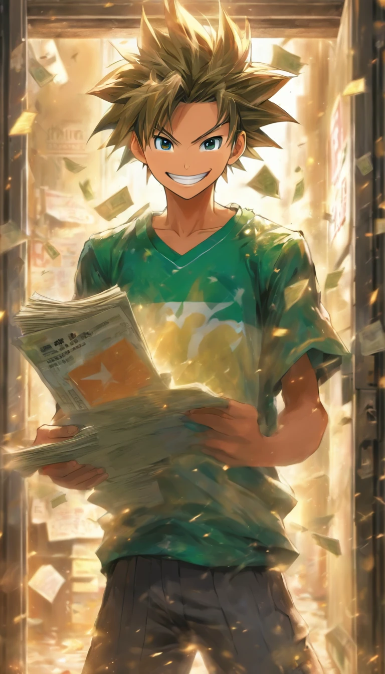 A young and energetic employee holding a paycheck with a smile on his face, with a dilapidated company building behind him and a closure notice on the door.,in the style of the stars art group xing xing, 32k, best quality, masterpiece, super detail, high details