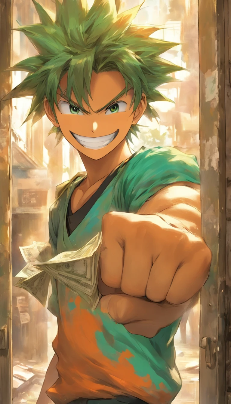 A young and energetic employee holding a paycheck with a smile on his face, with a dilapidated company building behind him and a closure notice on the door.,in the style of the stars art group xing xing, 32k, best quality, masterpiece, super detail, high details