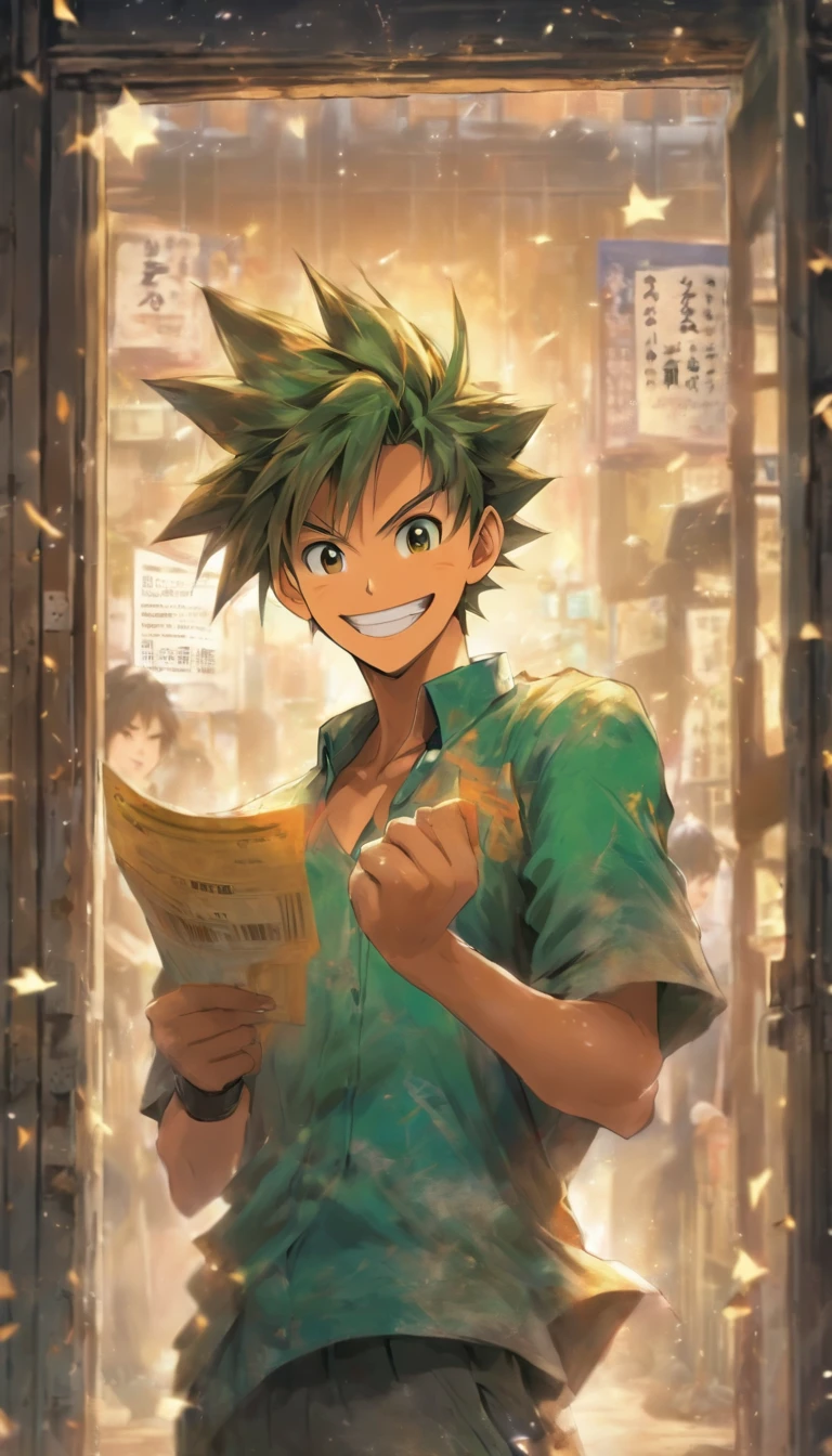 A young and energetic employee holding a paycheck with a smile on his face, with a dilapidated company building behind him and a closure notice on the door.,in the style of the stars art group xing xing, 32k, best quality, masterpiece, super detail, high details