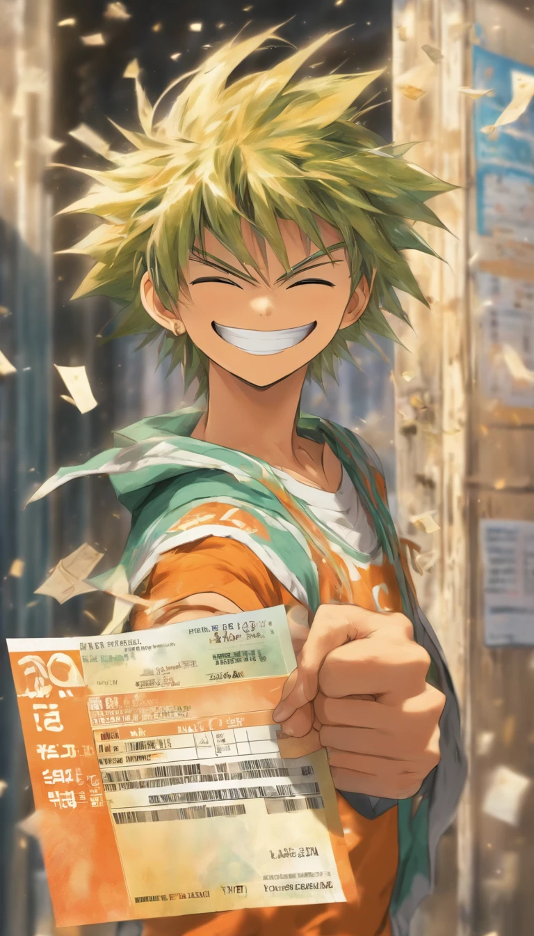 A young and energetic employee holding a paycheck with a smile on his face, with a dilapidated company building behind him and a closure notice on the door.,in the style of the stars art group xing xing, 32k, best quality, masterpiece, super detail, high details