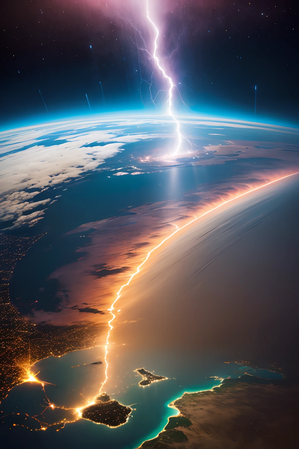 satelight view of giant lightning striking down round earth