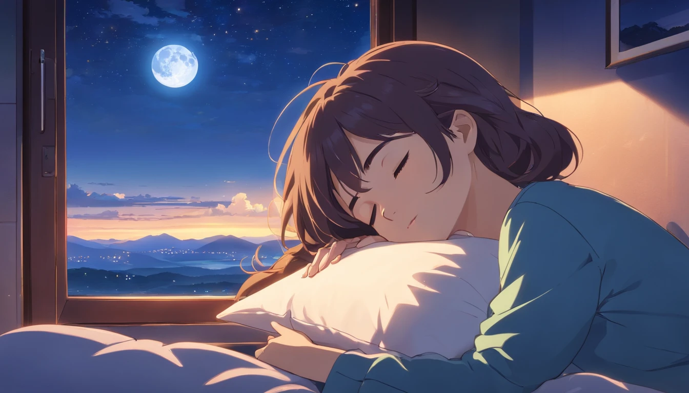 beautiful woman sleeping on a pillow ,window with beautiful landscape, night sky, star, full moon.