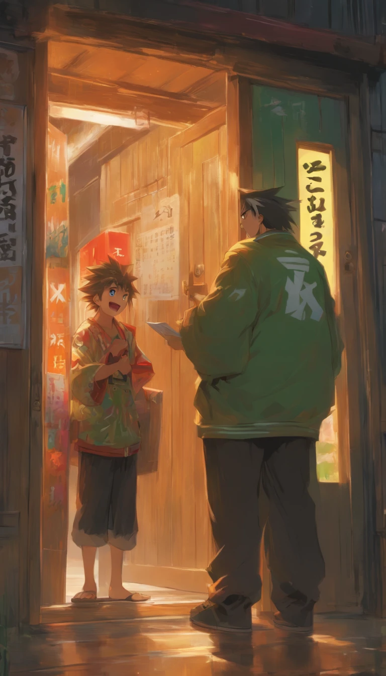 An angry customer standing at the door, holding an order, with a delivery person standing outside holding a package, a clear sign at the door indicating no delivery, ,in the style of the stars art group xing xing, 32k, best quality, masterpiece, super detail, high details