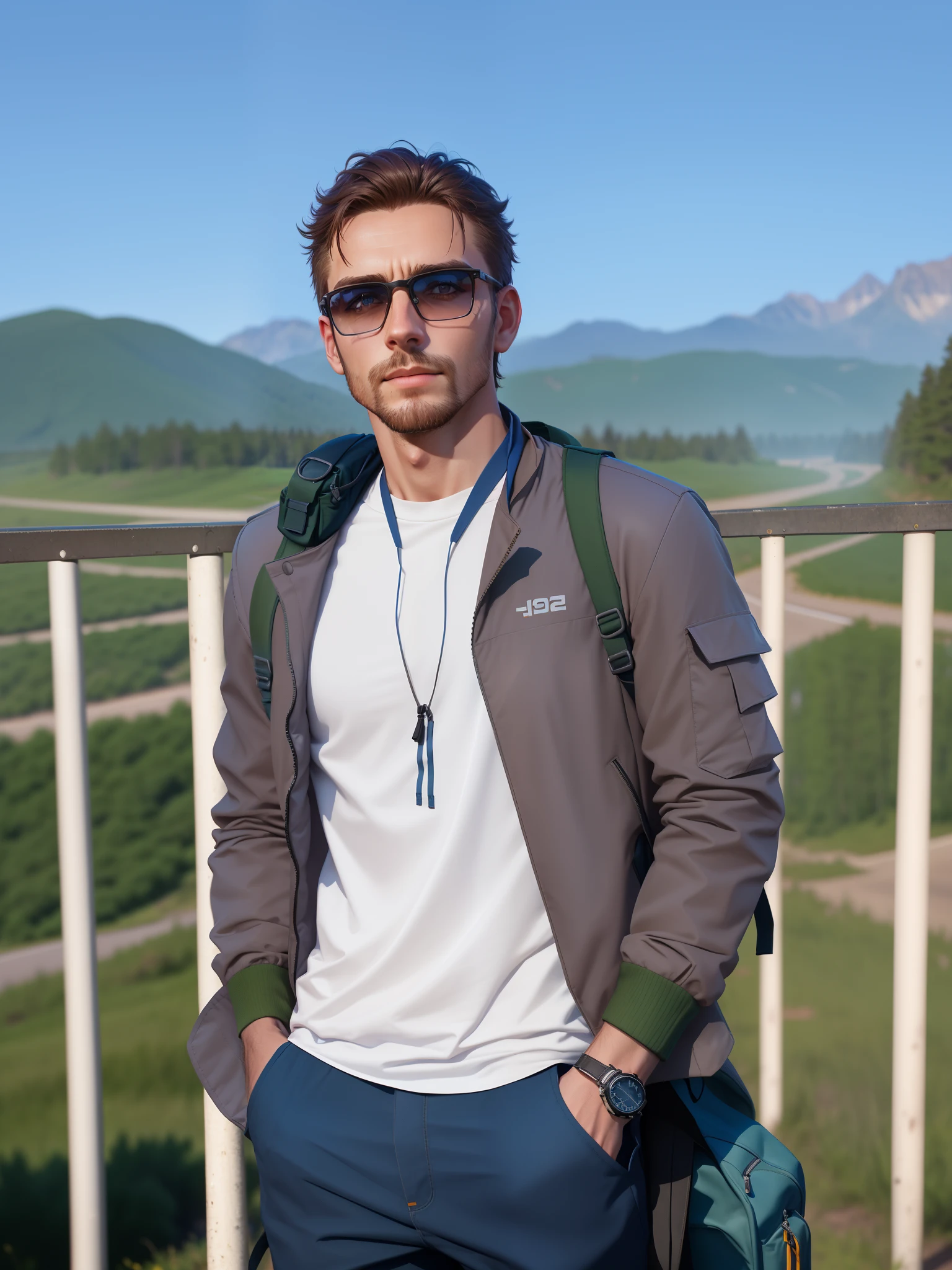 there is a man standing on the side of a road with a backpack, matte painting portrait shot, standing in road, environmental portrait, cinematic outfit photo, atmospheric portrait, cinematic realistic photo, cinematic full body shot, cinematic shot epic portraits, in front of a forest background, cinematic photograph concept art, realistic afternoon lighting, hdr dramatic cinematic lighting, photo manipulation