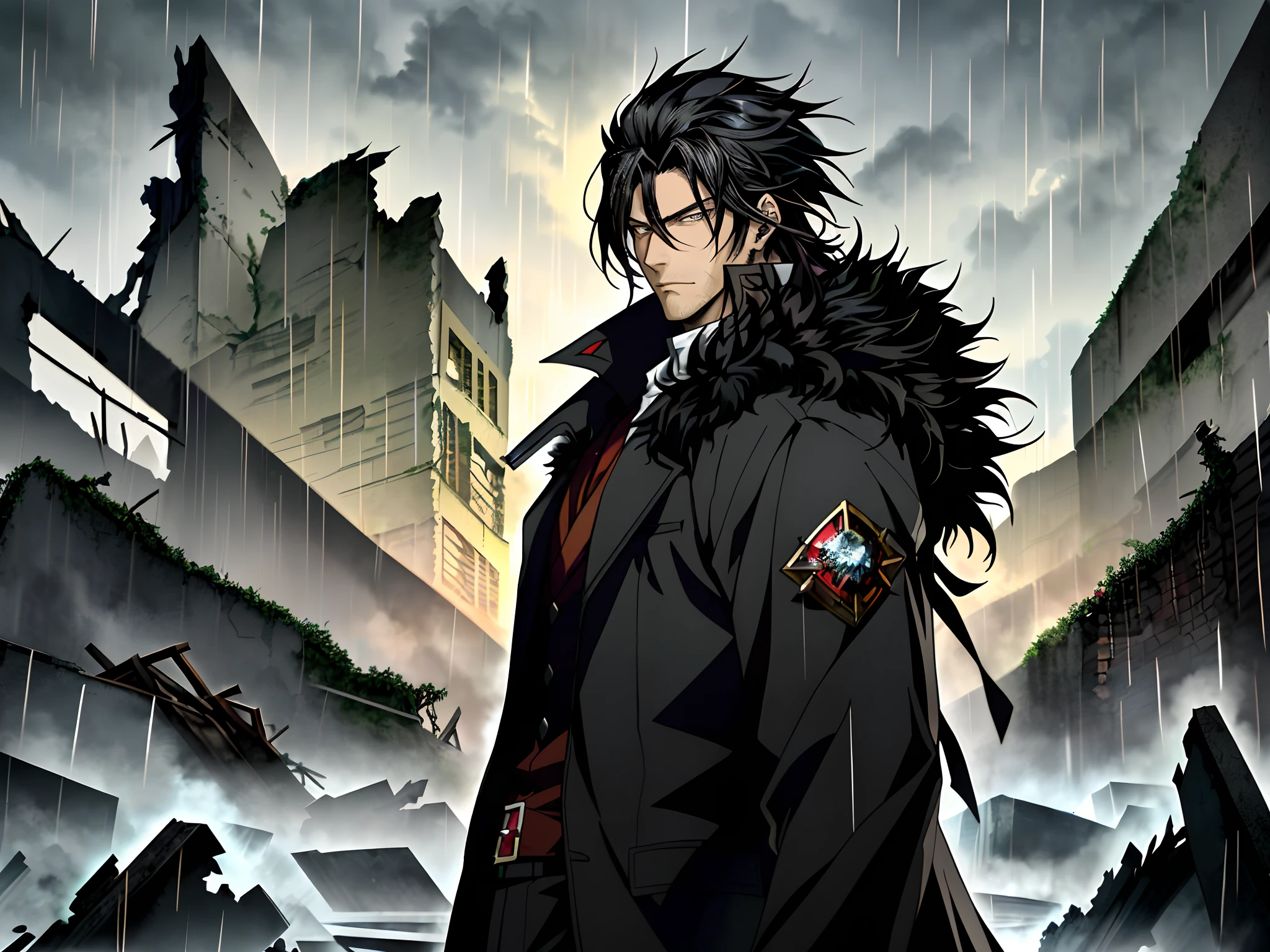 An anime man in a black fur coat stands among the ruins in the rain, Black colored eyes，Black hair，Anime handsome man, Anime portrait of a handsome man, Anime concept HDR anime, Key anime art, male anime character,
