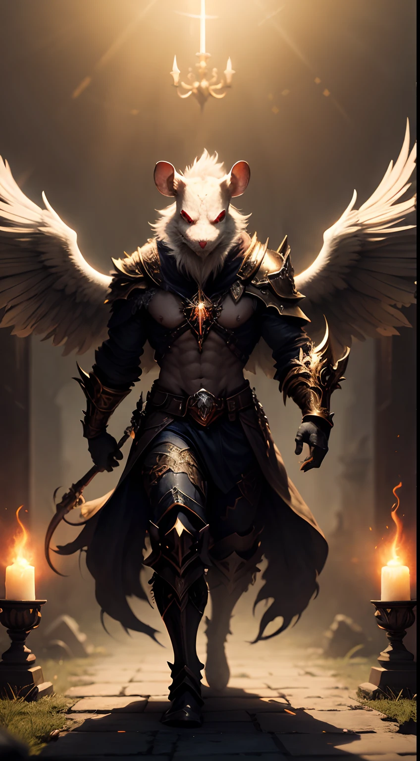 rat mask creature, angel, diablo style, holy light, full body, fantasy heaven gate background, fantasy colors, energy steam on hand, masterpiece, ultra high quality, ultra face detail