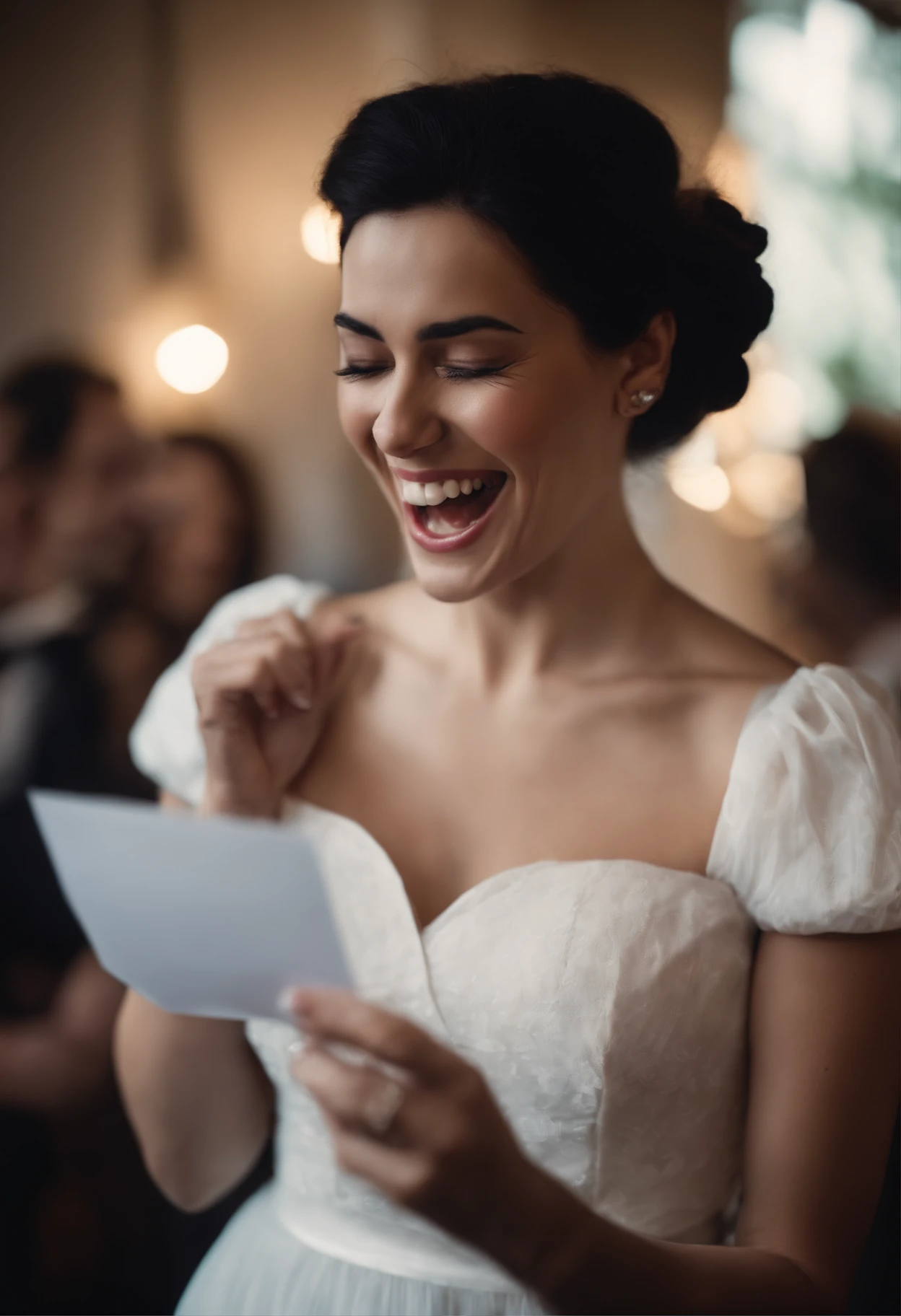 A women with black hair with haired tied up wearing white dress, cinematic, holding a letter in her and laughing uncontrollably making fun of it with her freinds