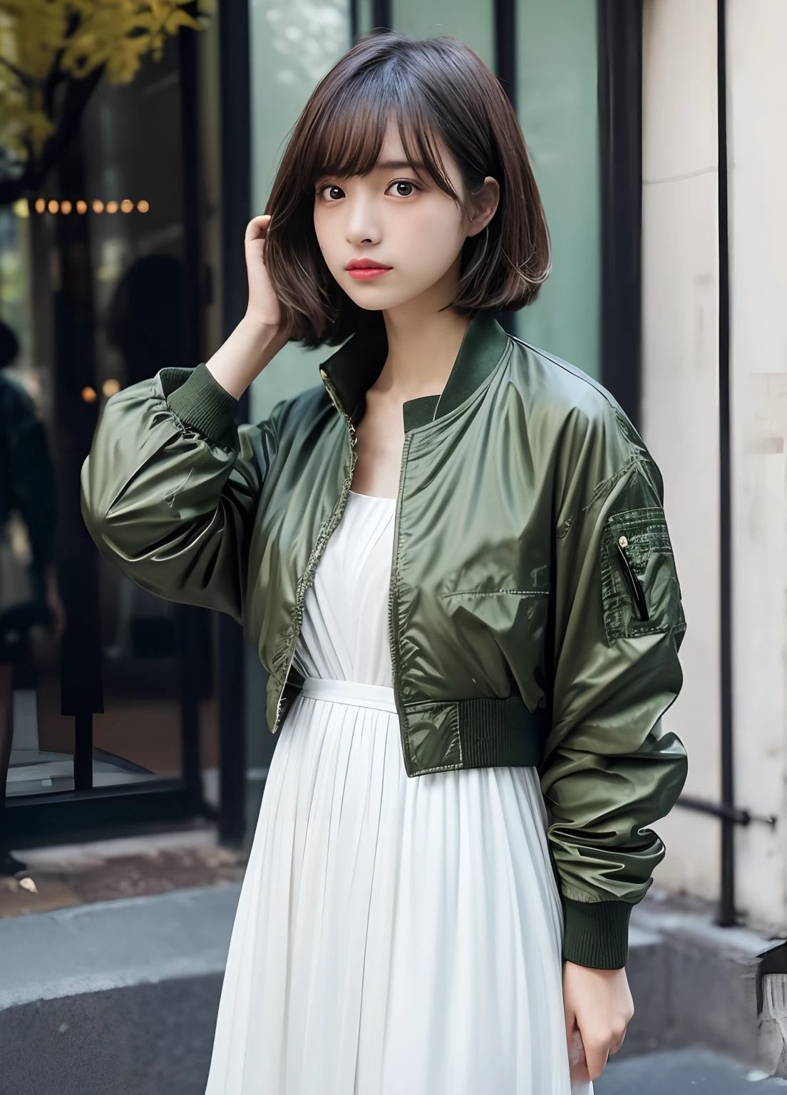 (delicate illustration:1.3),(masterpiece:1.0), (best quality:1.4), (ultra highres:1.2), (photorealistic:1.5), (cinematic),high contrast, bokeh, (hdr:1.4), dramatic lighting, sidelighting, (8k, RAW photo:1.2), (sharp focus:1.3), (((full body))),(film gain:0.9), (vhsbvideo:0.8), (analog film photography:0.8), lomography, HOLGA, HOLGA DIGITAL, BANZART ZIEGEL, Lomo LC-A 120, EKTACHROME E100,view from side,
break,
(23yo:1.4),(((1girl , dancing))),(wearing detailed olive-green ma-1 flight jacket on white chiffon tiered dress :1.3),((brown contacts, sweaty colored skin)) ,huge breast, cleavage, open mouth, bangs:1.5,airly wavy short bob cut, messy hair,woman,
break,
(((background is detailed ginkgo avenue in paris, crouded, twilight ))),round face, (baby face),no-makeup,beautiful detailed eyes, tareme, (small eyes),thin_eyebrows,(face focus), slim, slender waist, thin leg, dr.martens boots, (japanese famous actress),(cute), (beautiful),eye bags,