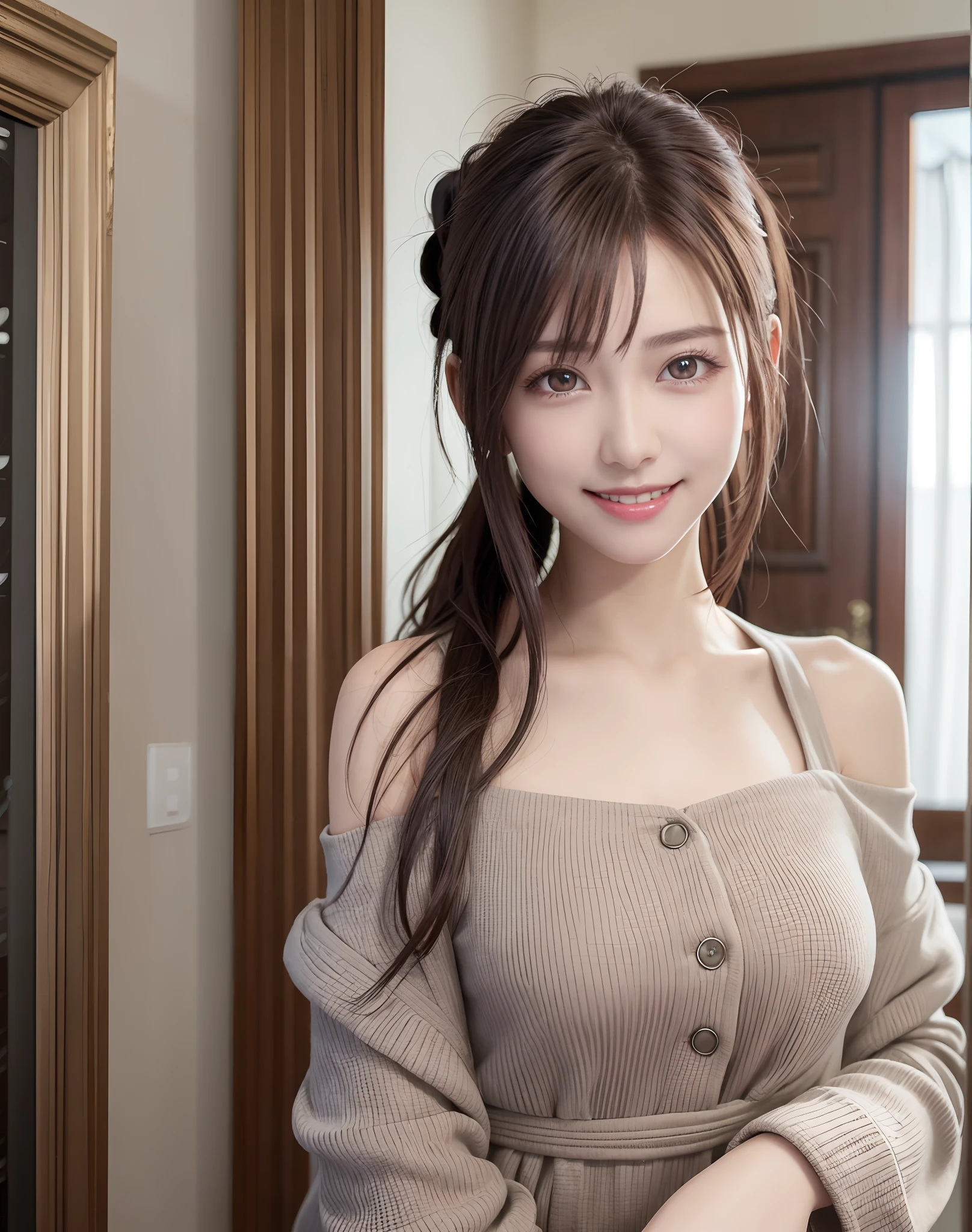 (Best Quality), (masutepiece), (High resolution), (Intricate details:0.2),(Professional Lighting), dressing gown, Detailed background,off shoulders, (Previous view), 1girl in, Solo, (Beautiful face),  Slim body, Fine skin, Smile, brown hair in a ponytail, Beautiful eyes,  look at at viewer,