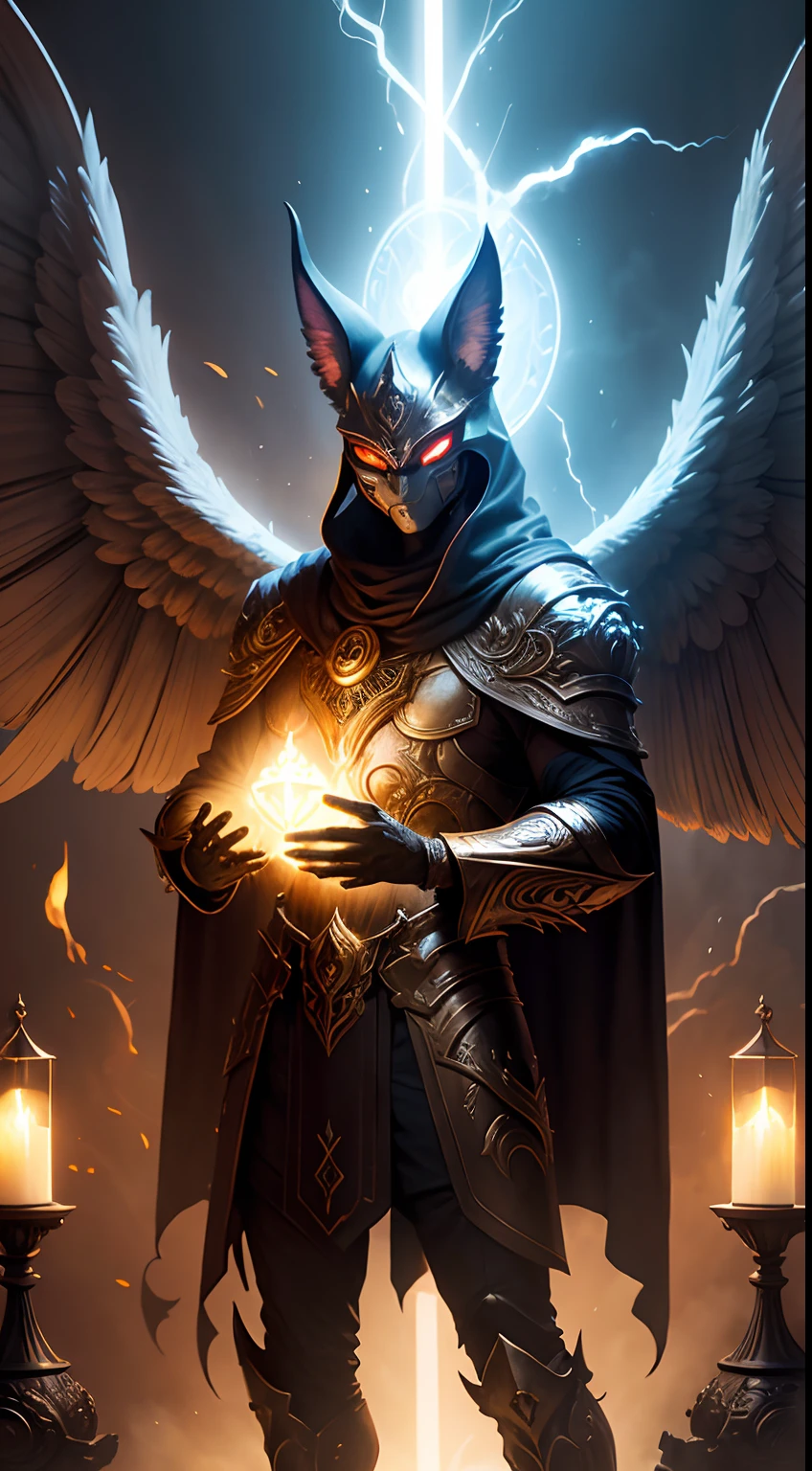 caracal mask creature, angel, diablo style, holy light, full body, fantasy heaven gate background, fantasy colors, energy steam on hand, masterpiece, ultra high quality, ultra face detail