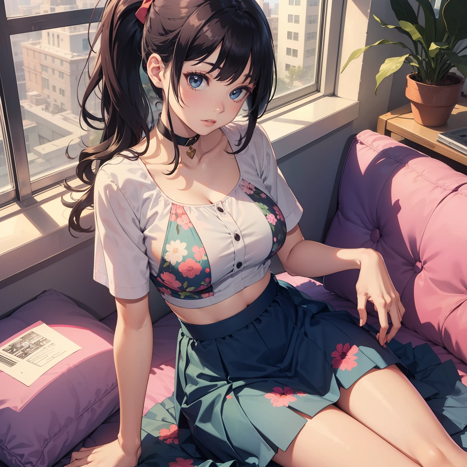(masterpiece, best quality), beautiful woman, crop-top with floral pattern, short skirt, cleveage, underboob, wavy hair, ponytail, asymmetrical bangs, perfect face, beautiful face, alluring, big gorgeous eyes, soft smile, perfect slim fit body, indoors, couch, sitting down, bright colors, (risograph), full body shot, medium breasts, solo, cleveage, sexy