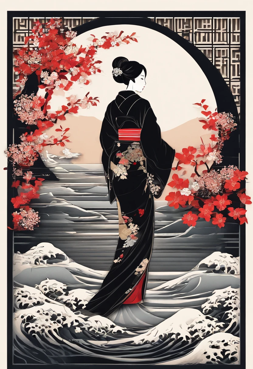 "(1 girl in a black yukata+rot+blanche), portlate、incredible details, Traditional background of Japan, Magnificent illustrations, Perfect picture quality"