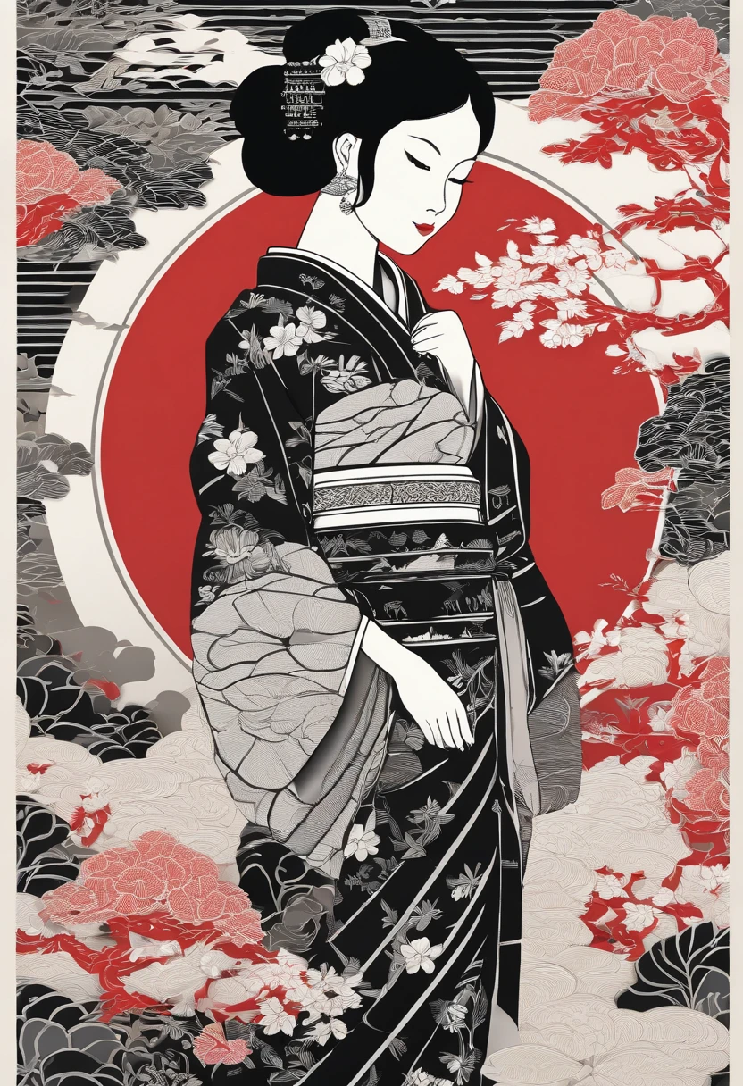 "(1 girl in a black yukata+rot+blanche), portlate、incredible details, Traditional background of Japan, Magnificent illustrations, Perfect picture quality"