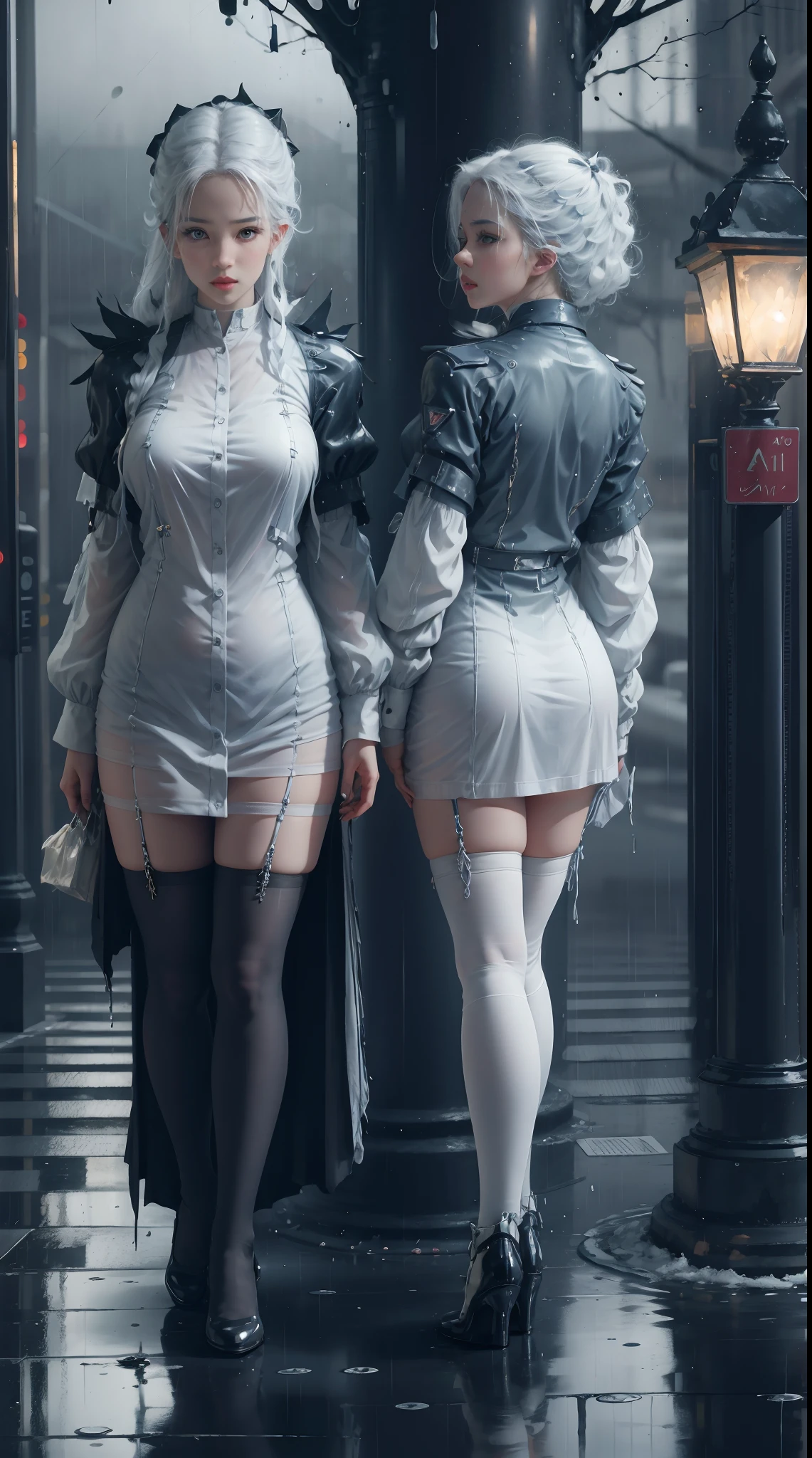 ,twins,White hair,Stockings,Mature female,rain,Night City