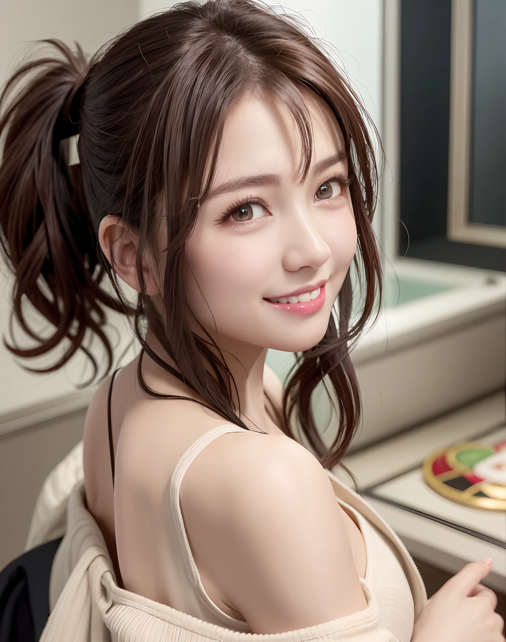 (Best Quality), (masutepiece), (High resolution), (Intricate details:0.2),(Professional Lighting), dressing gown, Detailed background,off shoulders, (Previous view), 1girl in, Solo, (Beautiful face),  Slim body, Fine skin, Smile, brown hair in a ponytail, ...