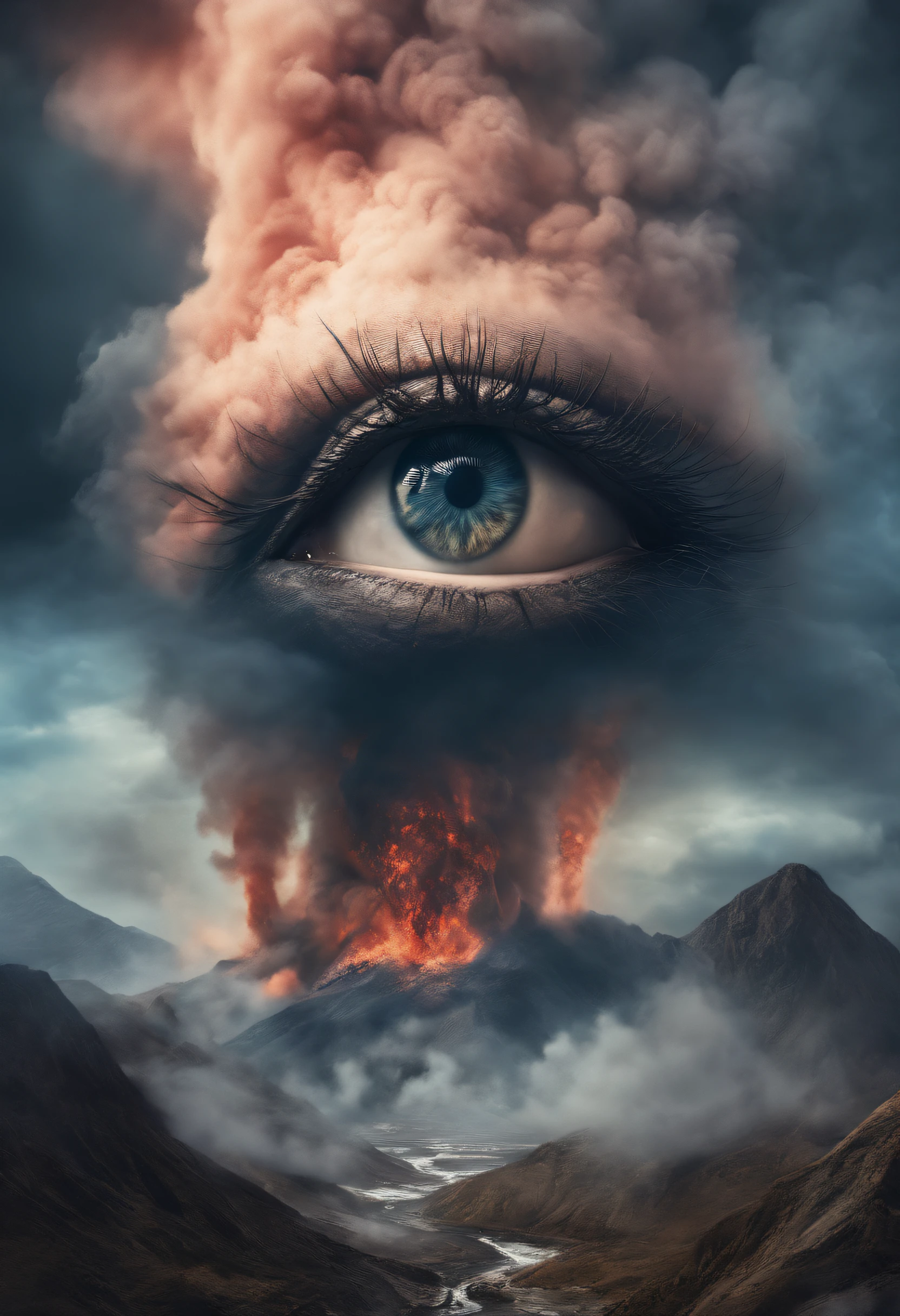 Eyes in volcanic smoke, a volcano erupts,The eyes are on it, Shades of blue, digital art inspired by Cyril Rolando, ultra-realistic realism, Portrait of a giant eye in volcanic smoke, mystic eye, A cloud of smoke in one eye, ultra-realistic realism