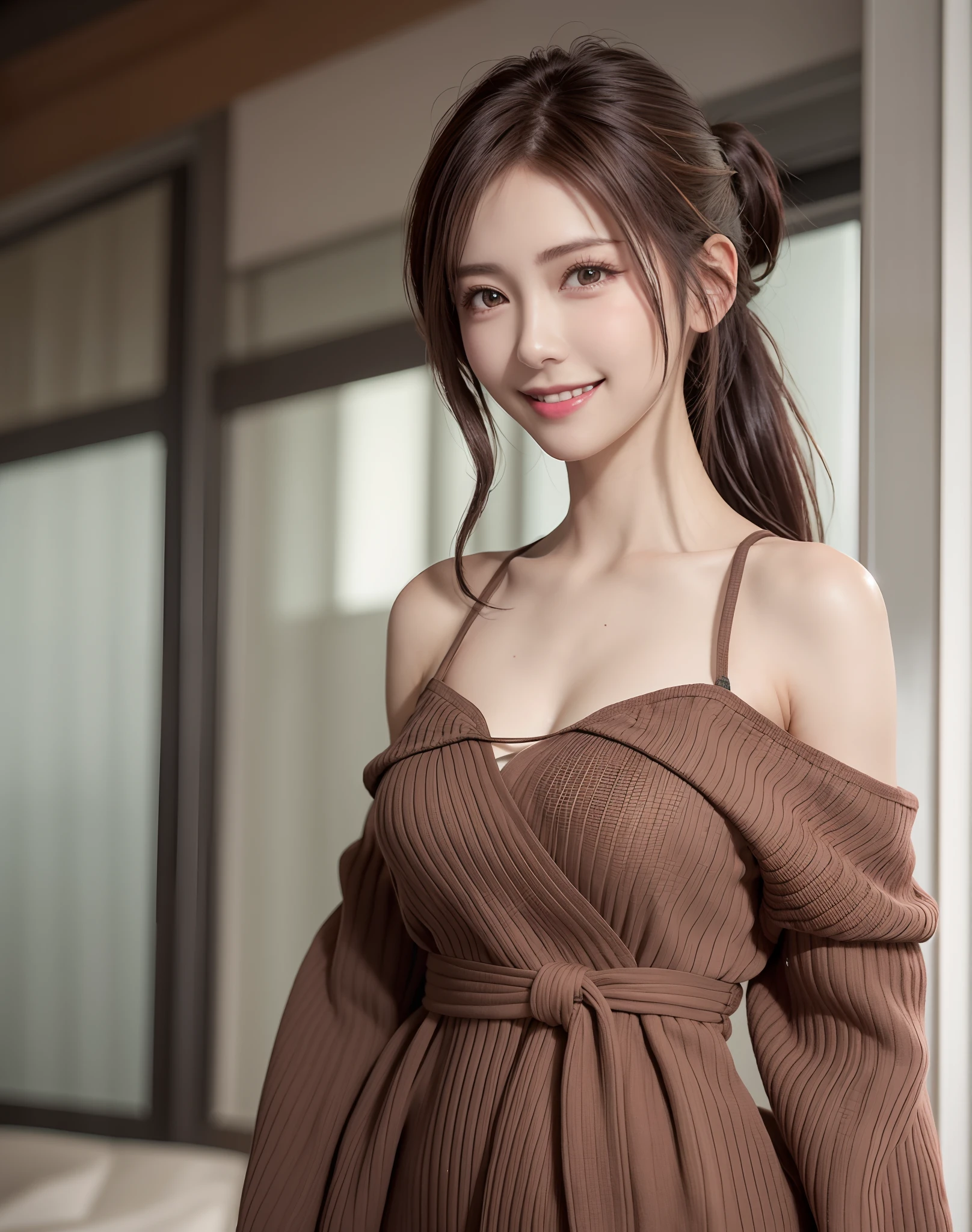 (Best Quality), (masutepiece), (High resolution), (Intricate details:0.2),(Professional Lighting), dressing gown, Detailed background,off shoulders, (Previous view), 1girl in, Solo, (Beautiful face), Slim body, Fine skin, Smile, brown hair in a ponytail, ...
