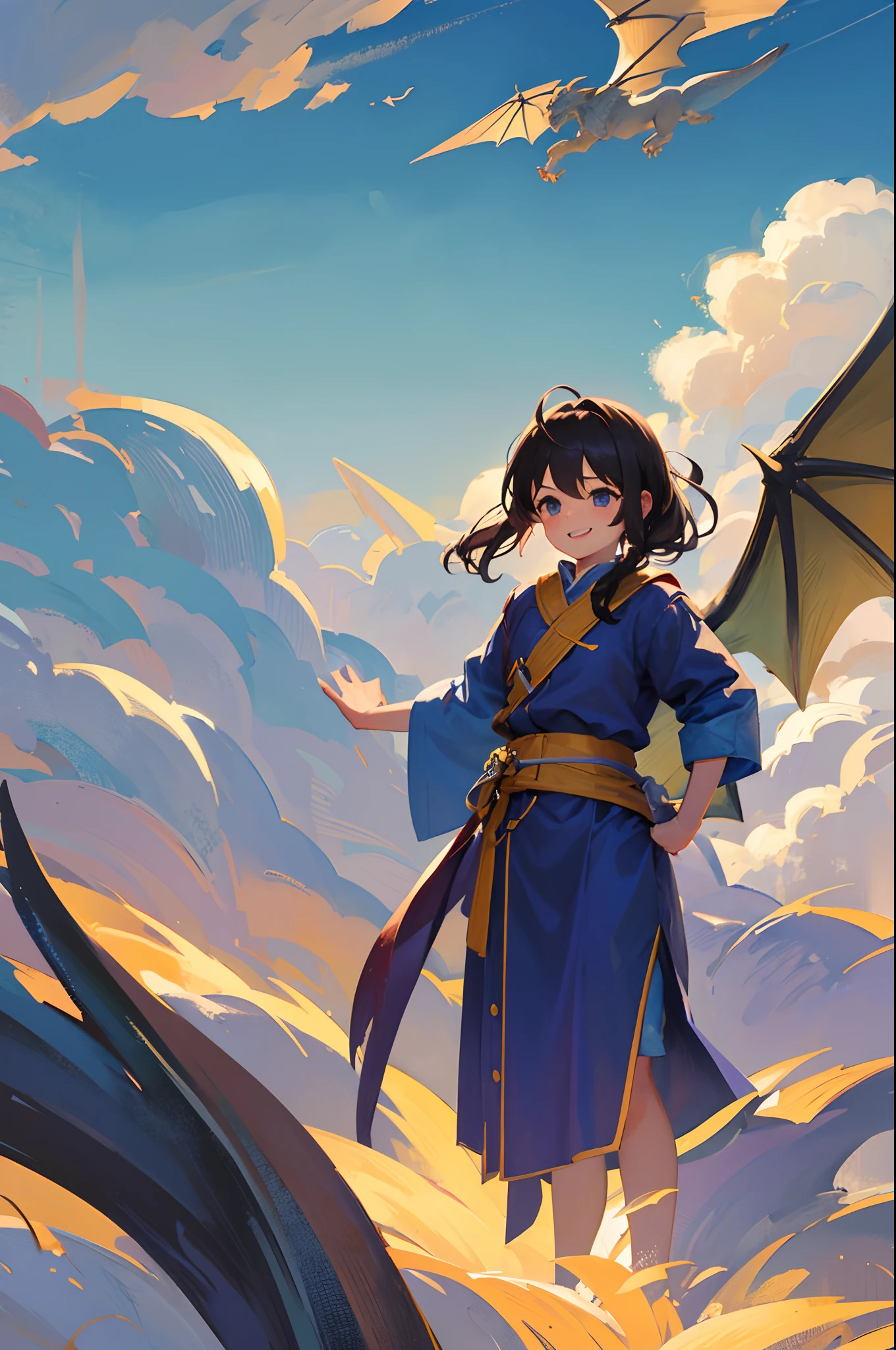 Girl flying in the sky astride a large dragon、Reins、huge smile、Physique of about 、bontage、You can see the castle far below