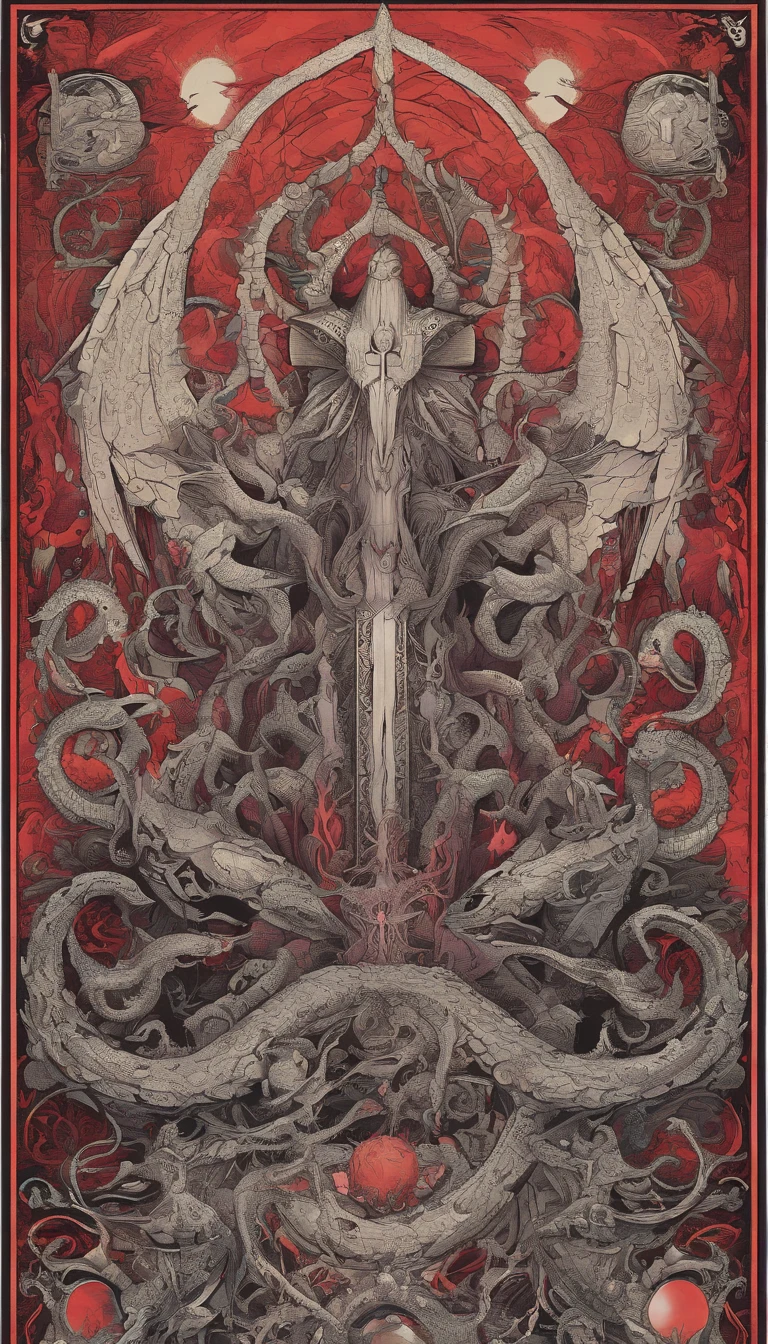 using the composition styles of the image attached create a CHARCOAL AND INK: black and white charcoal and ink drawing with red theme of blood and red lightning, Hyperrealistic, Masterpiece, Photorealistic, best quality, intricate details, sharp focus, hyper detailed, tattoo art, horror, fantasy horror, dark and mysterious, reaching towards a bunch of humanoid demons from below, winged demon wraith skeleton from above, massive third eye in background like Sauron's eye behind demon, stormy and cloudy dark creepy background, tormented mind visualized as a spiraling path into the void, insanely detailed and intricate, hypermaximalist, ominous, haunting, high resolution, perfect lighting, extremely detailed, (perfect hands, perfect anatomy), winged demon hovering above with serpents curling around his sword, cyber sigilism in wings and clouds, fantasy horror, hell, dark battlefield, skulls, lost souls, depression, detailed lower foreground with piled bodies and skulls and blood, dark lord of the rings art